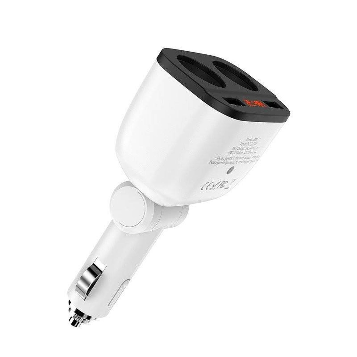 Weißes Autoladegerät mit zwei USB-Anschlüssen. Weiß mit schwarzem Oberteil, mit Digitalanzeige. Autoladegerät.