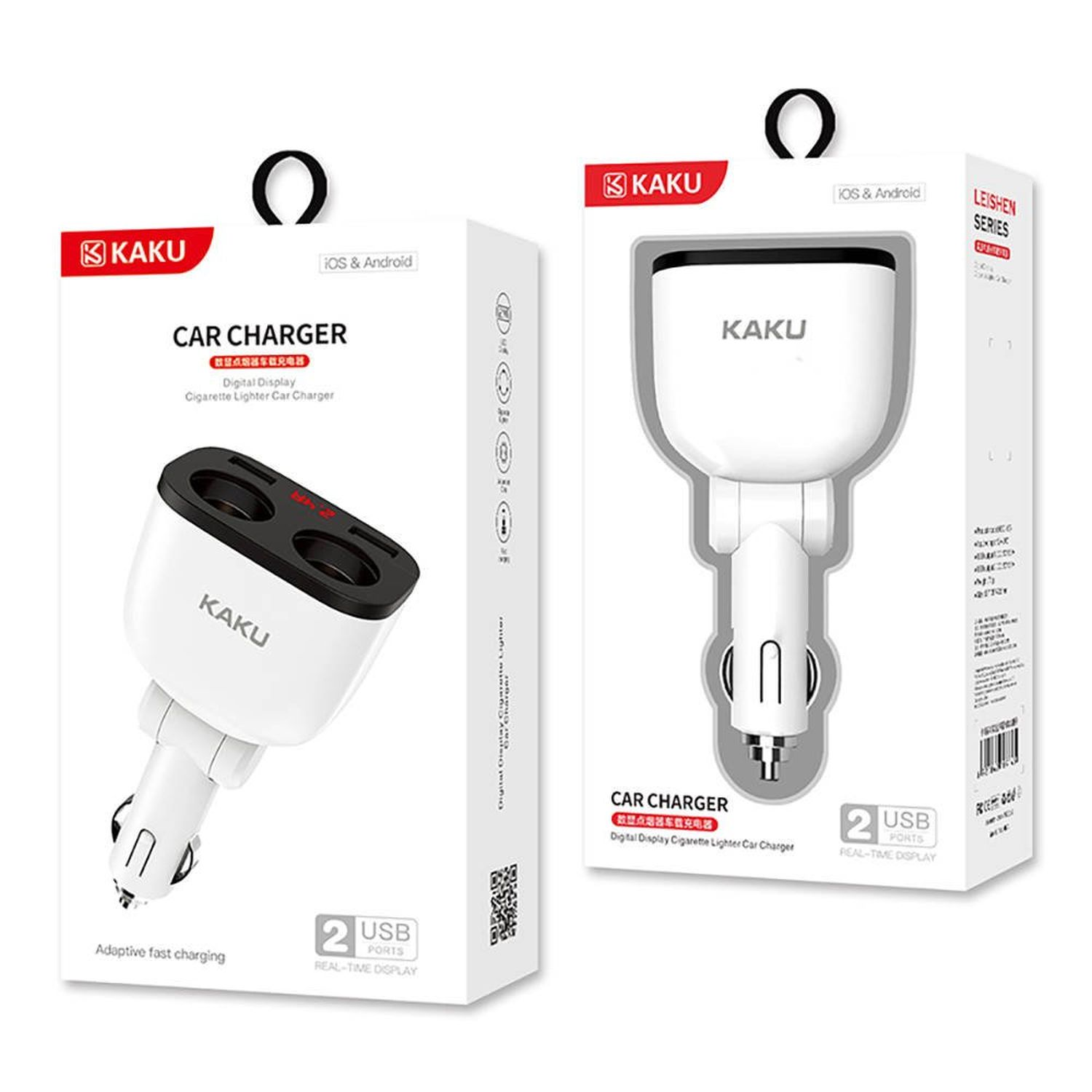 Es werden zwei Autoladegeräte gezeigt. Die Ladegeräte haben USB-Anschlüsse und digitale Anzeigen.