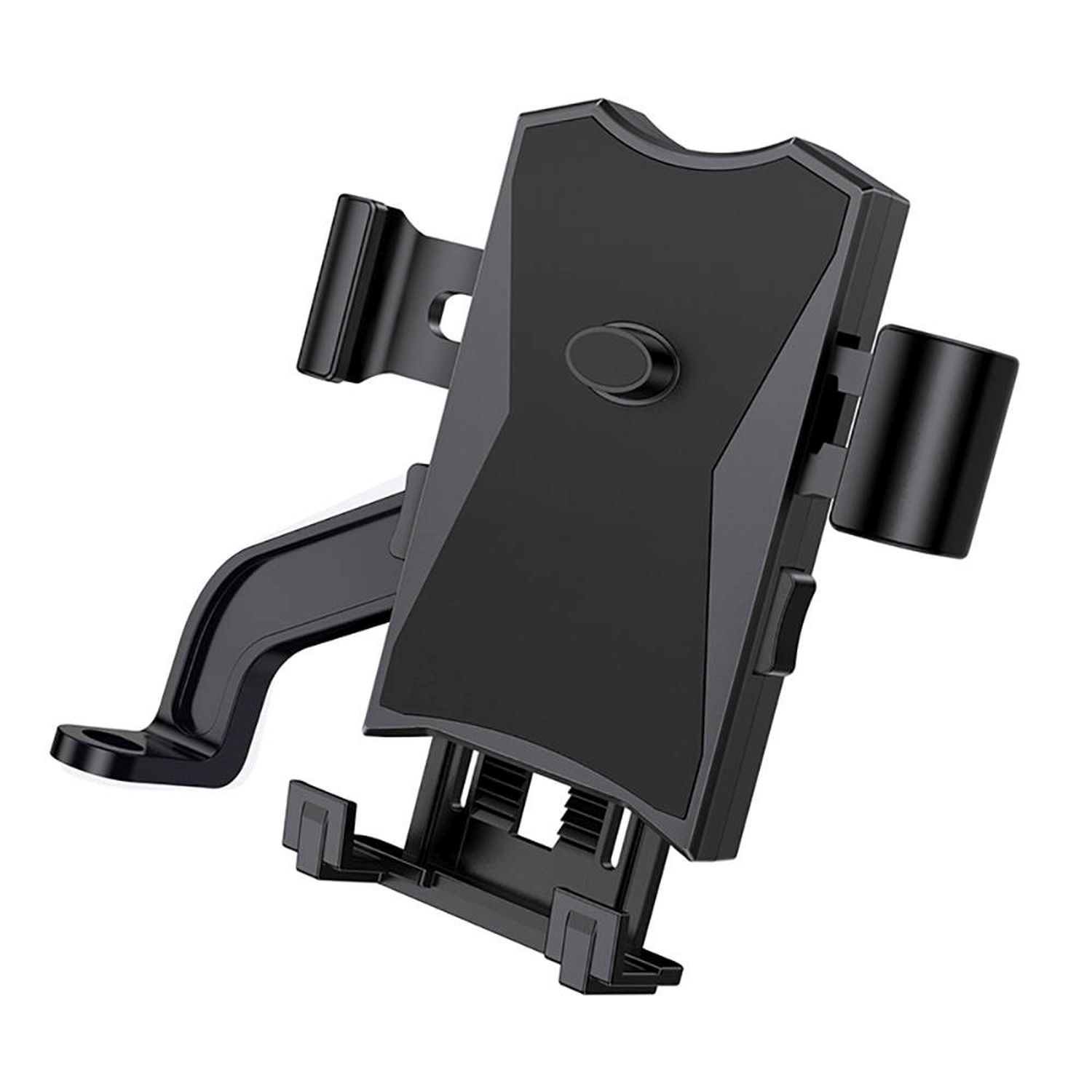 Schwarzer, abgewinkelter Telefonhalter für ein Auto, mit einem Montagearm.