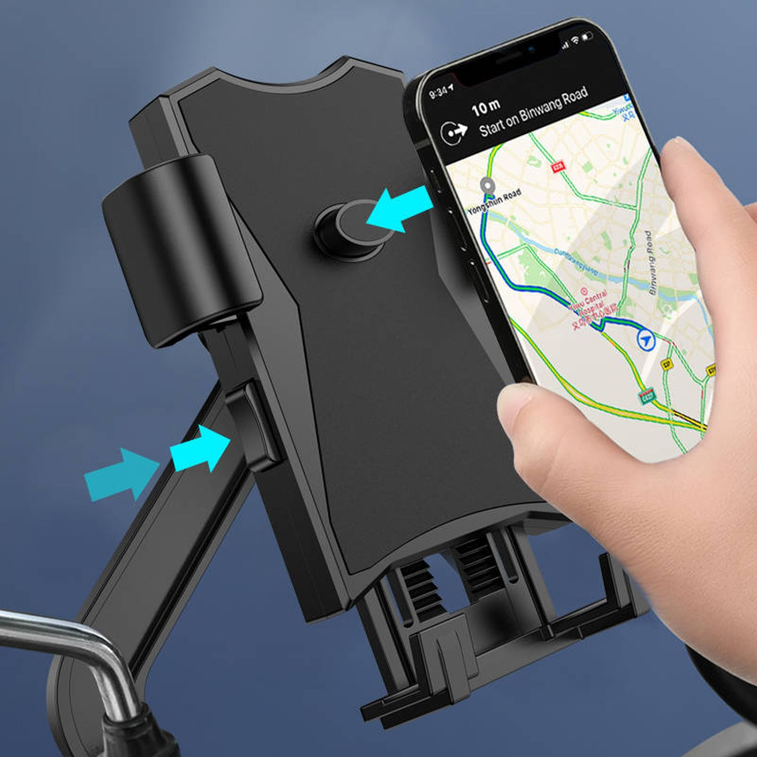 Schwarzer Telefonhalter am Fahrradlenker mit Telefon mit Karte.