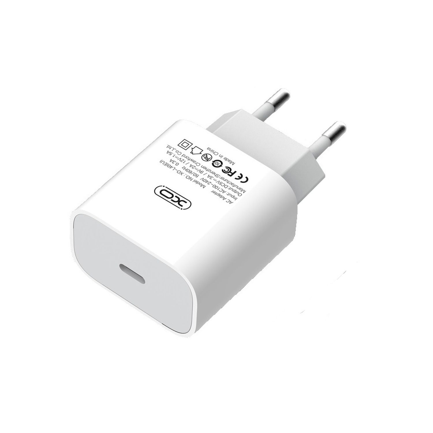 Ein weißes Ladegerät mit zwei Stiften, einem USB-Anschluss und aufgedrucktem Text.