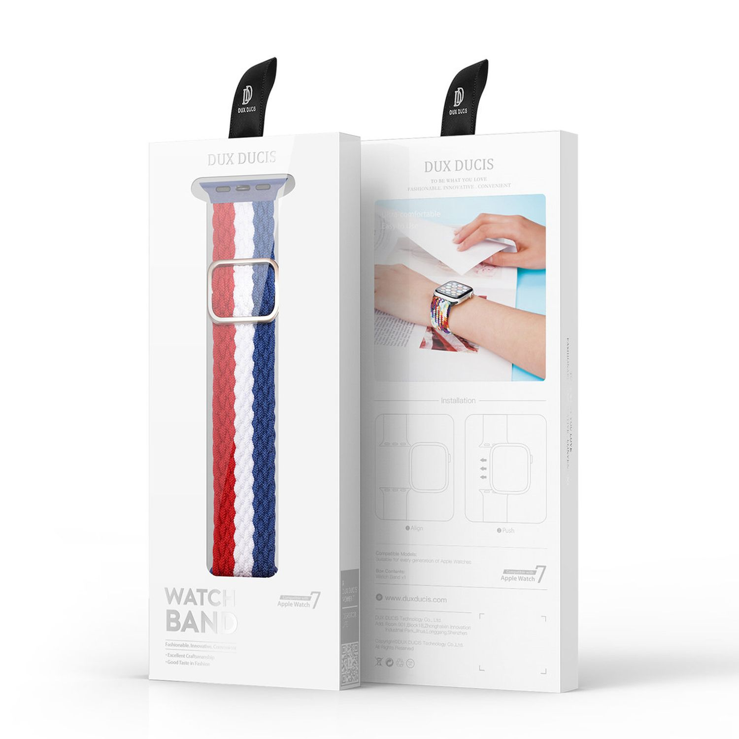 Verpackung eines Uhrenarmbands mit blau, weißen und roten Streifen.