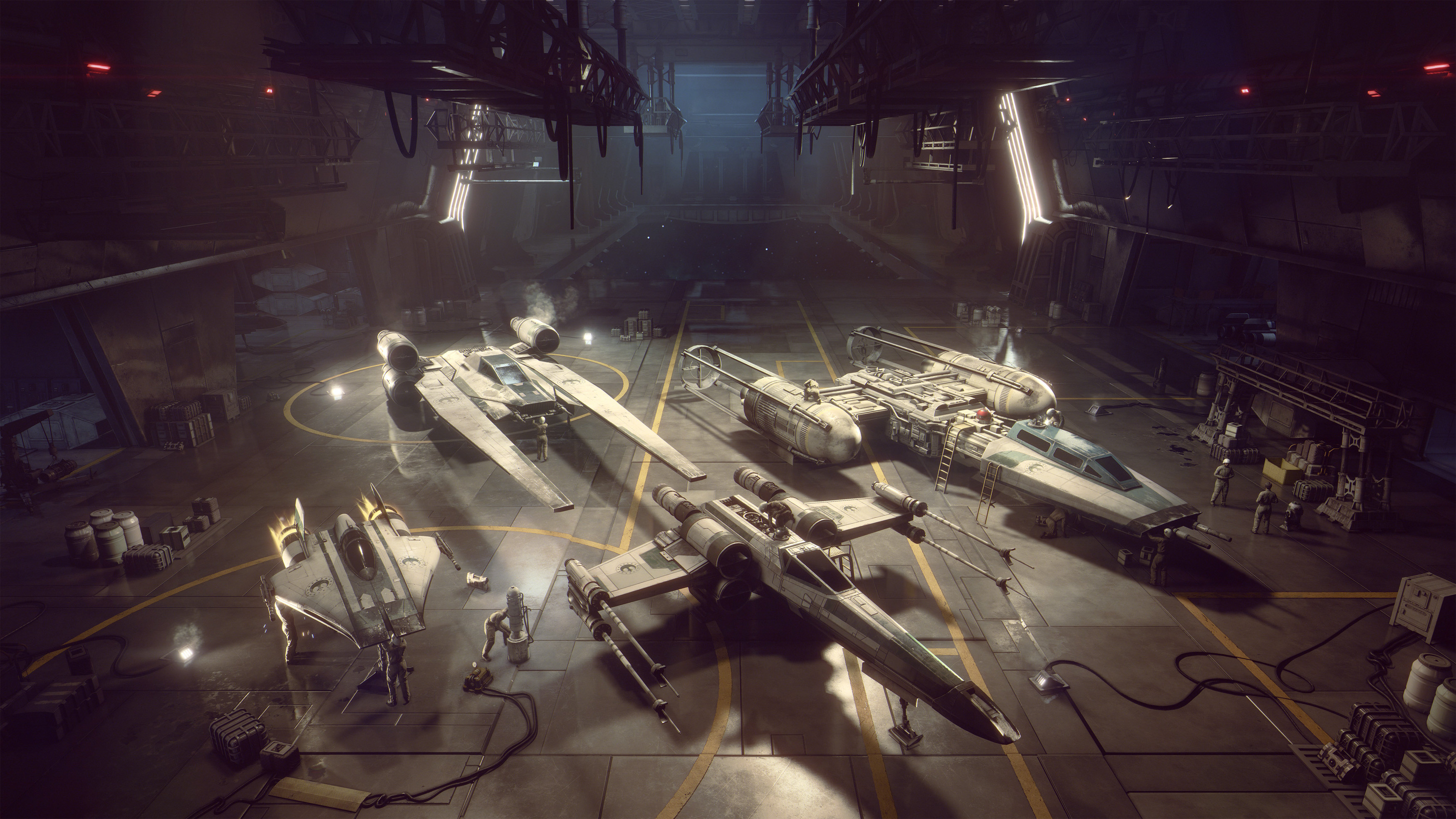 Sci-Fi-Hangar-Szene mit mehreren Raumjägern. Innenraum mit hellem Licht und großen offenen Türen.