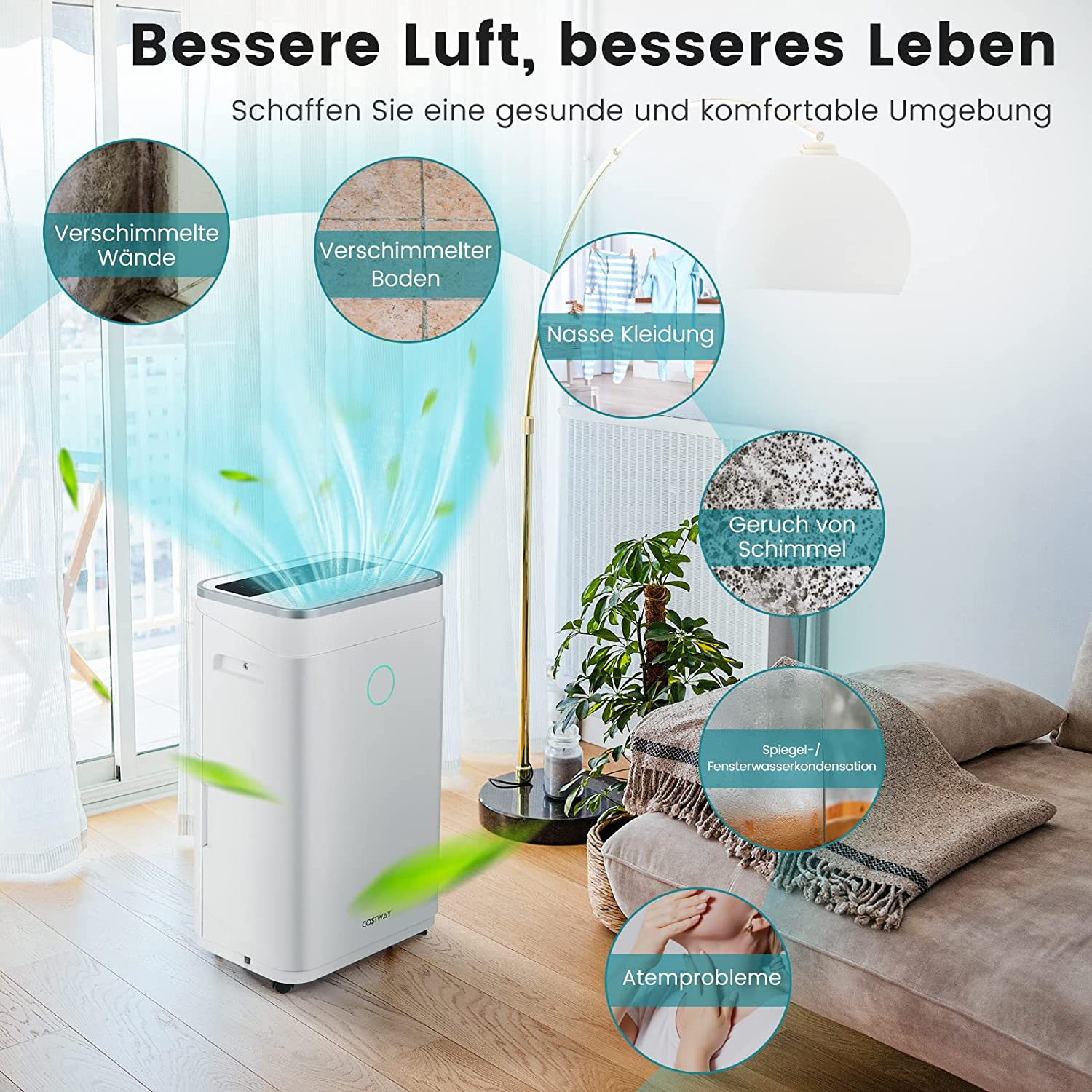 Luftreiniger mit Symbolen, die Probleme wie Schimmel, feuchte Wände und Atembeschwerden zeigen.