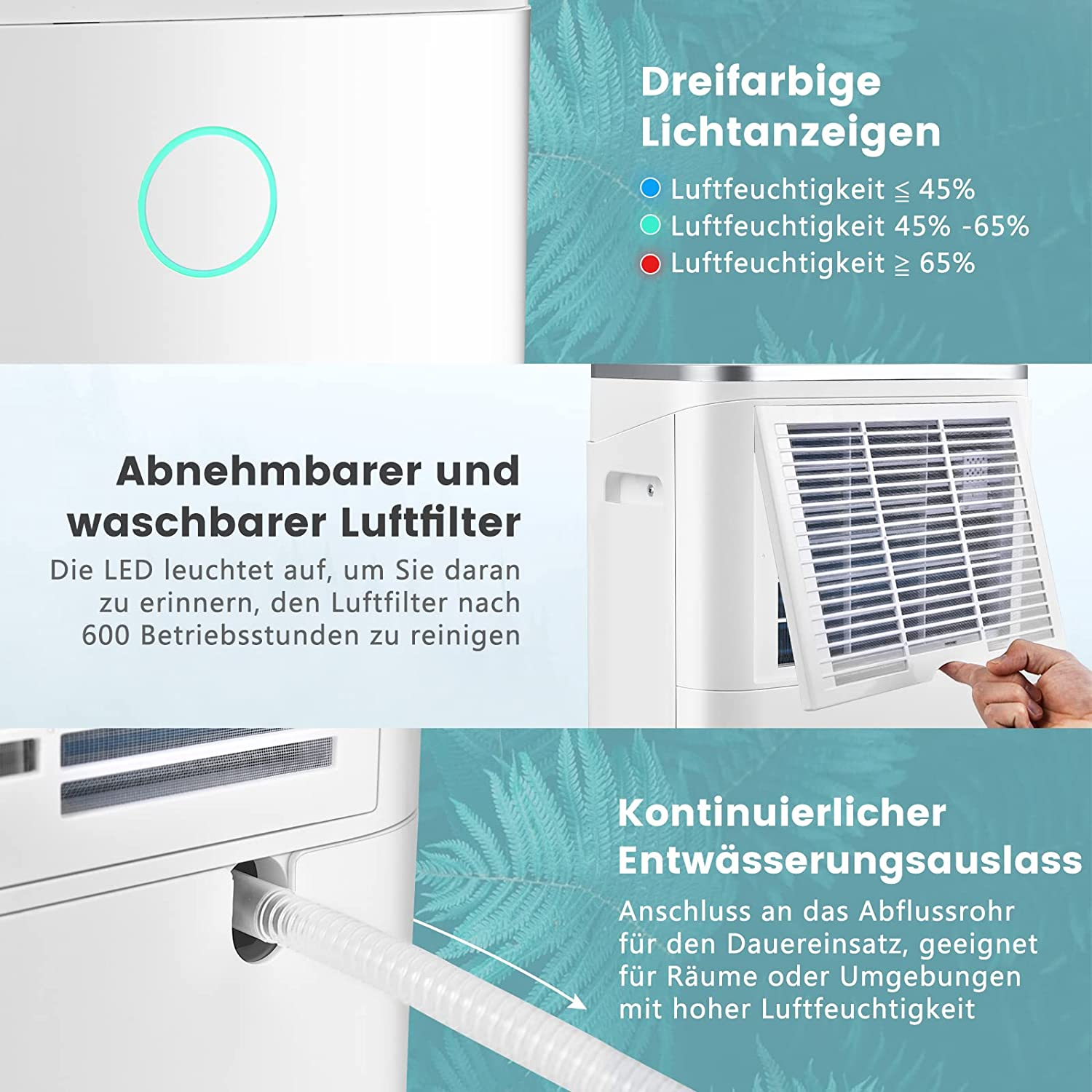 Nahaufnahme eines weißen Luftentfeuchters mit abnehmbarem Filter und Ablauf.