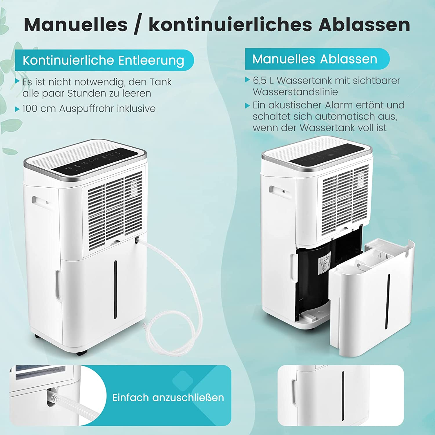 Zwei weiße Luftentfeuchter mit Text, einer mit Schlauch und der andere mit abnehmbarem Wassertank.
