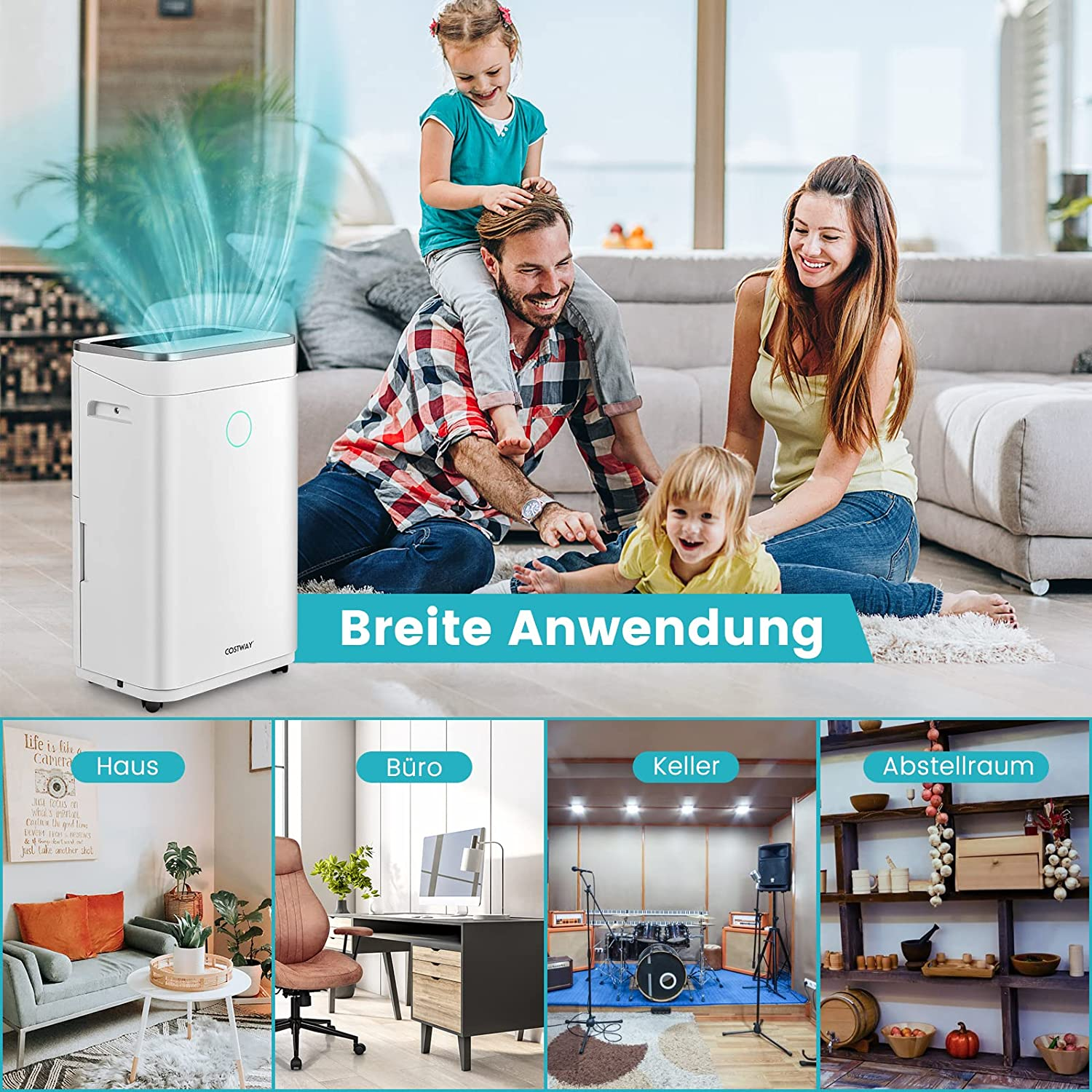Eine Familie im Wohnzimmer. Ein Luftentfeuchter steht in der Ecke. Andere Räume darunter.