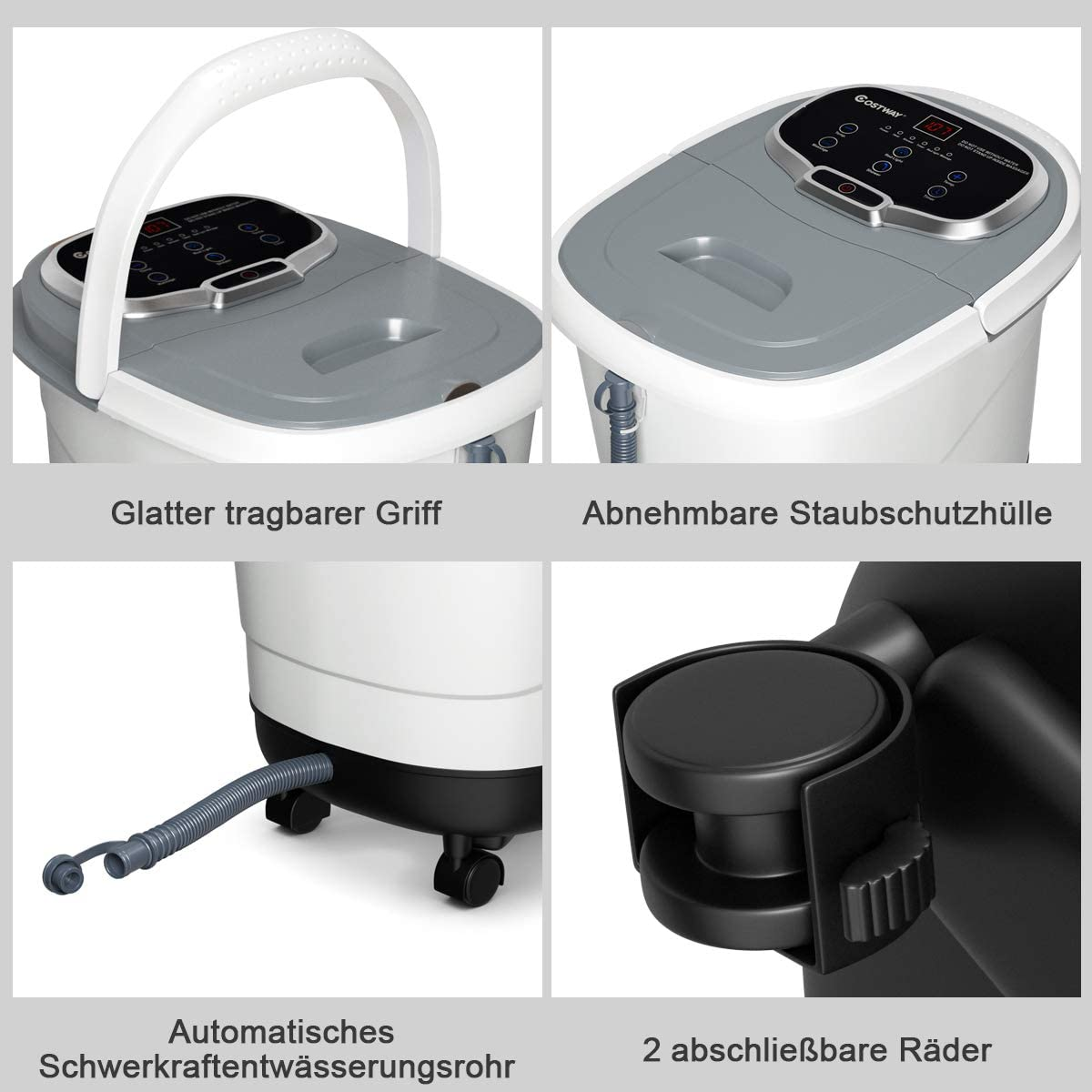 Vier Bilder, die Details eines Fußbades zeigen, einschließlich Griff, Bedienfeld und Räder.