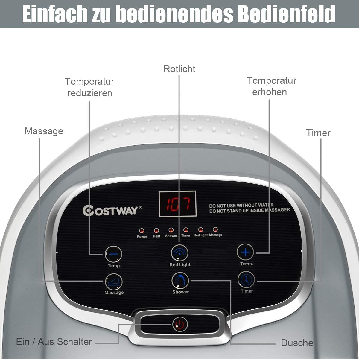 Nahaufnahme eines Spa-Bedienfelds. Beschriftete Knöpfe und eine Digitalanzeige sind sichtbar.