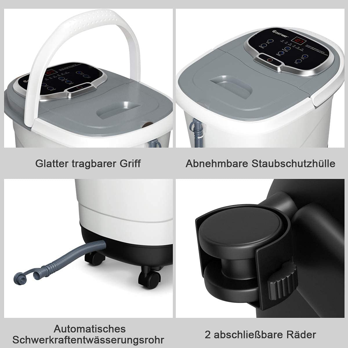 Vier Bilder eines Fußbades mit Griff, Deckel, Ablassschlauch und feststellbaren Rädern.