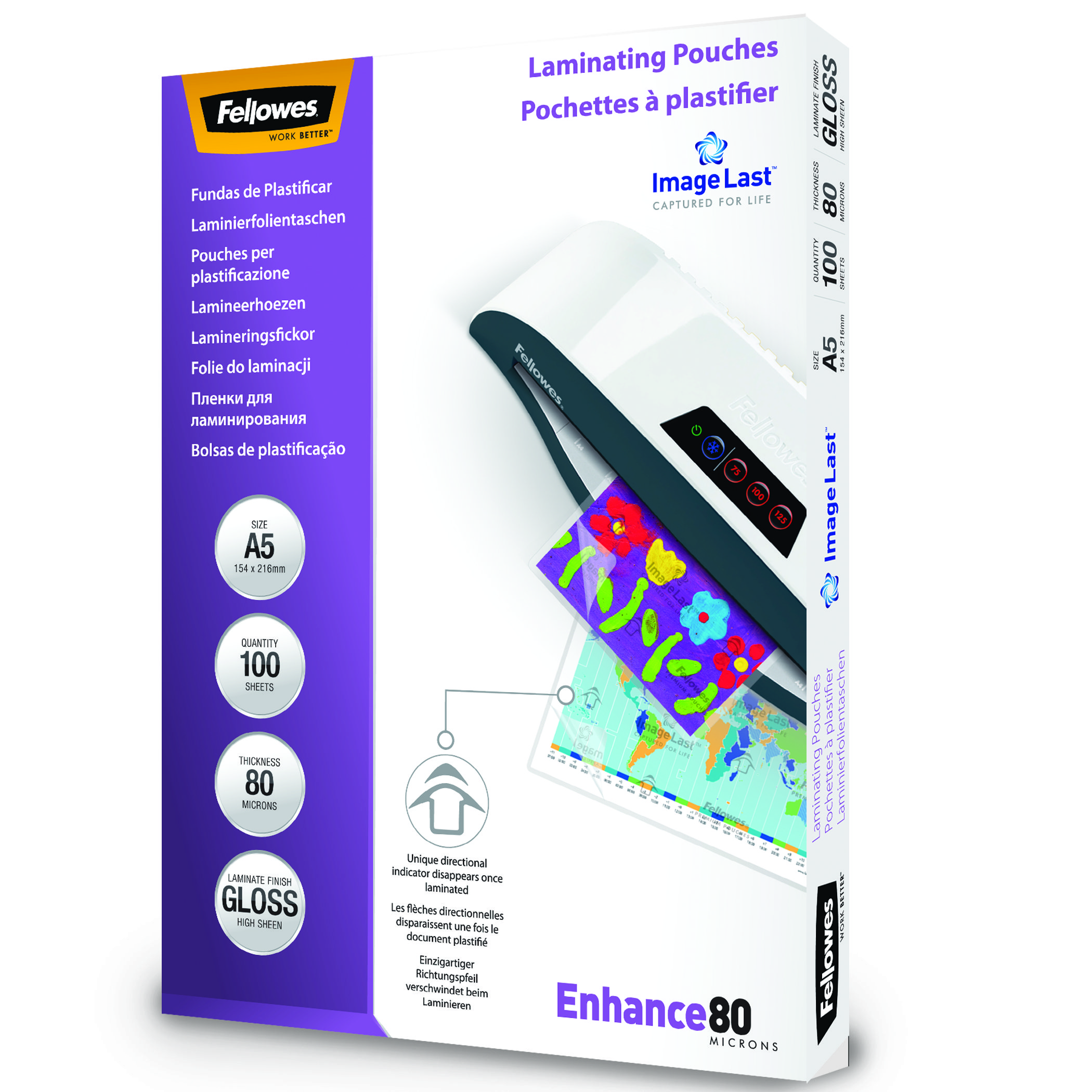 Laminierfolienbox. Enthält 100 Blätter, A5-Größe, mit glänzendem Finish und 80 Mikron.