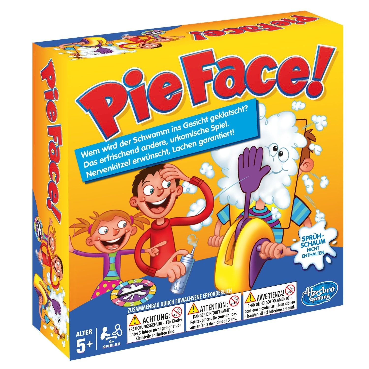 Pie Face Spielbox. Leute spielen das Spiel. Gelbe und rote Farben. Weißer Hintergrund.