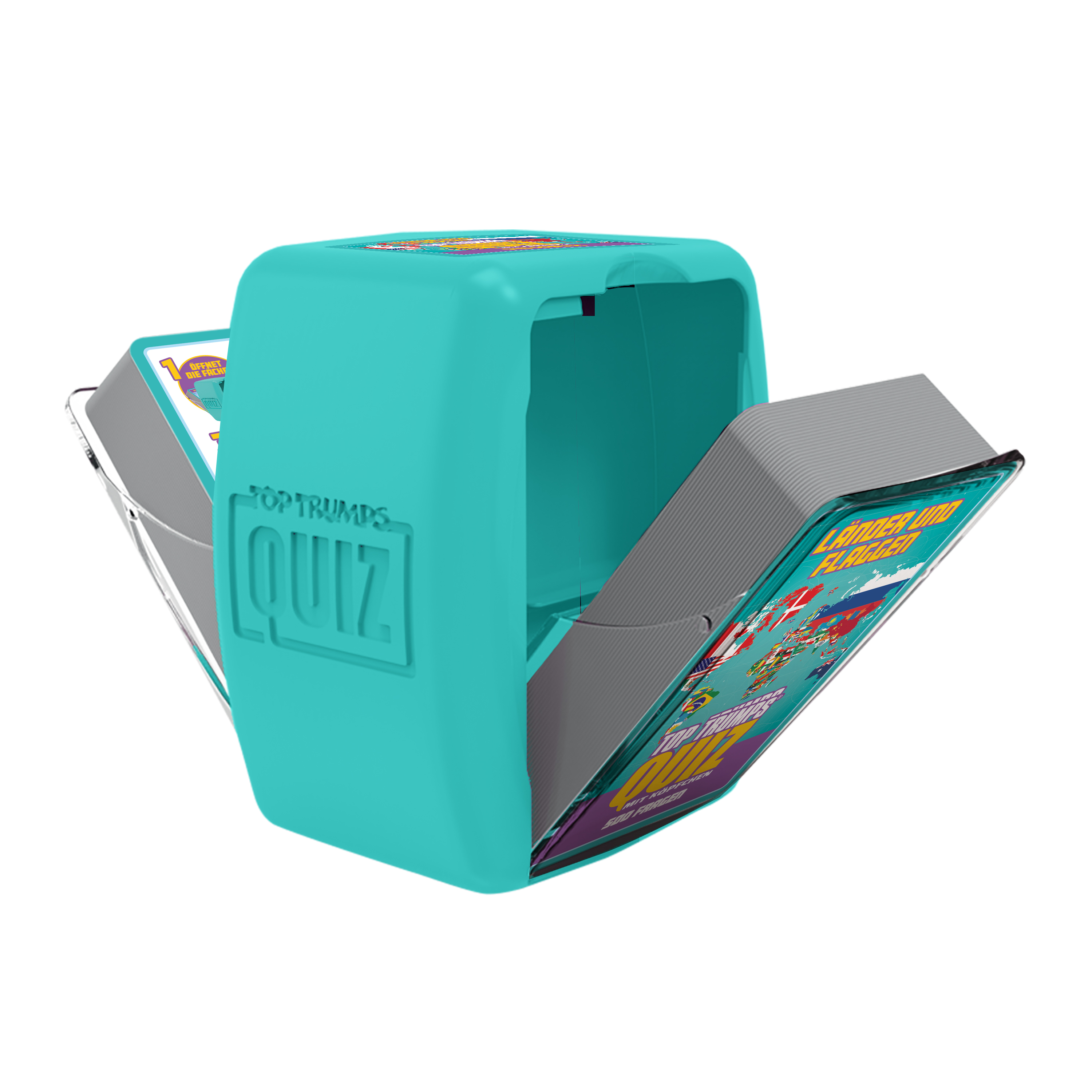 Blaue Top Trumps Quiz-Spielbox, geöffnet, um Kartendecks zu zeigen, isoliert auf Weiß.