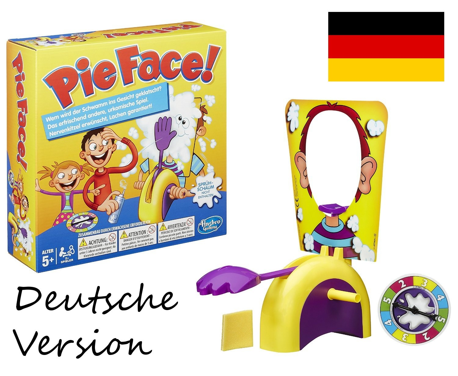 Pie Face Spielbox mit Spielkomponenten. Deutsche Flagge und Text: 'Deutsche Version'.