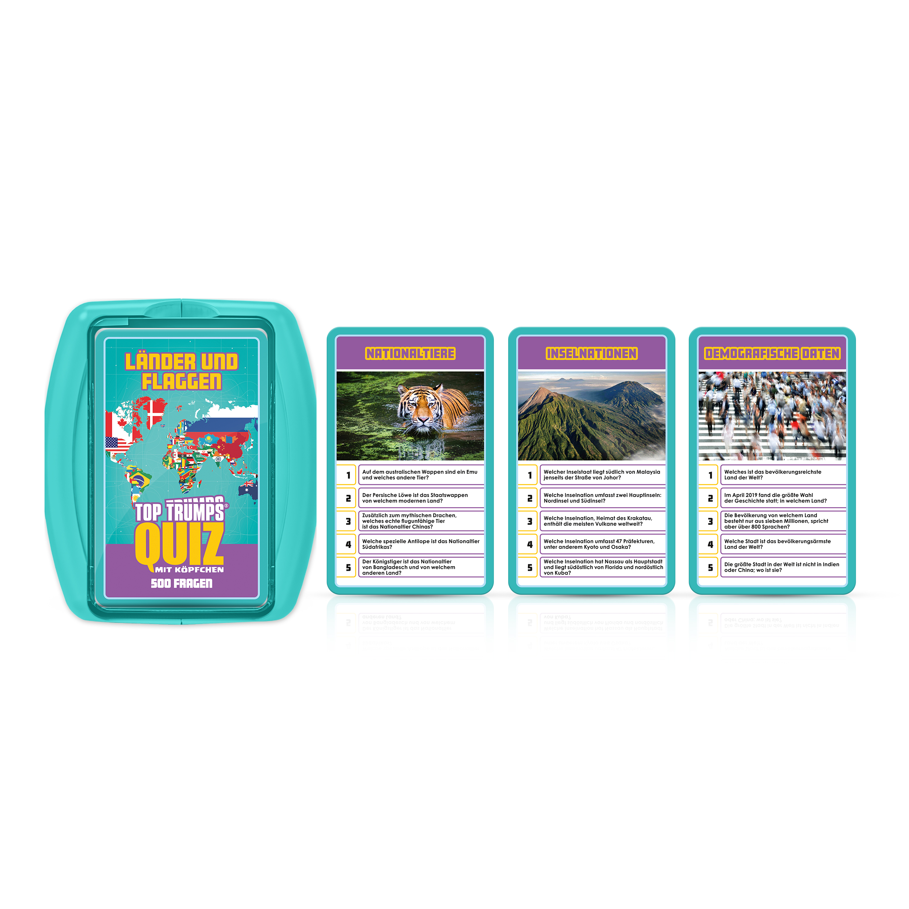Top Trumps Quiz Kartenspielbox und Karten. Weißer Hintergrund. Zeigt verschiedene Themen.