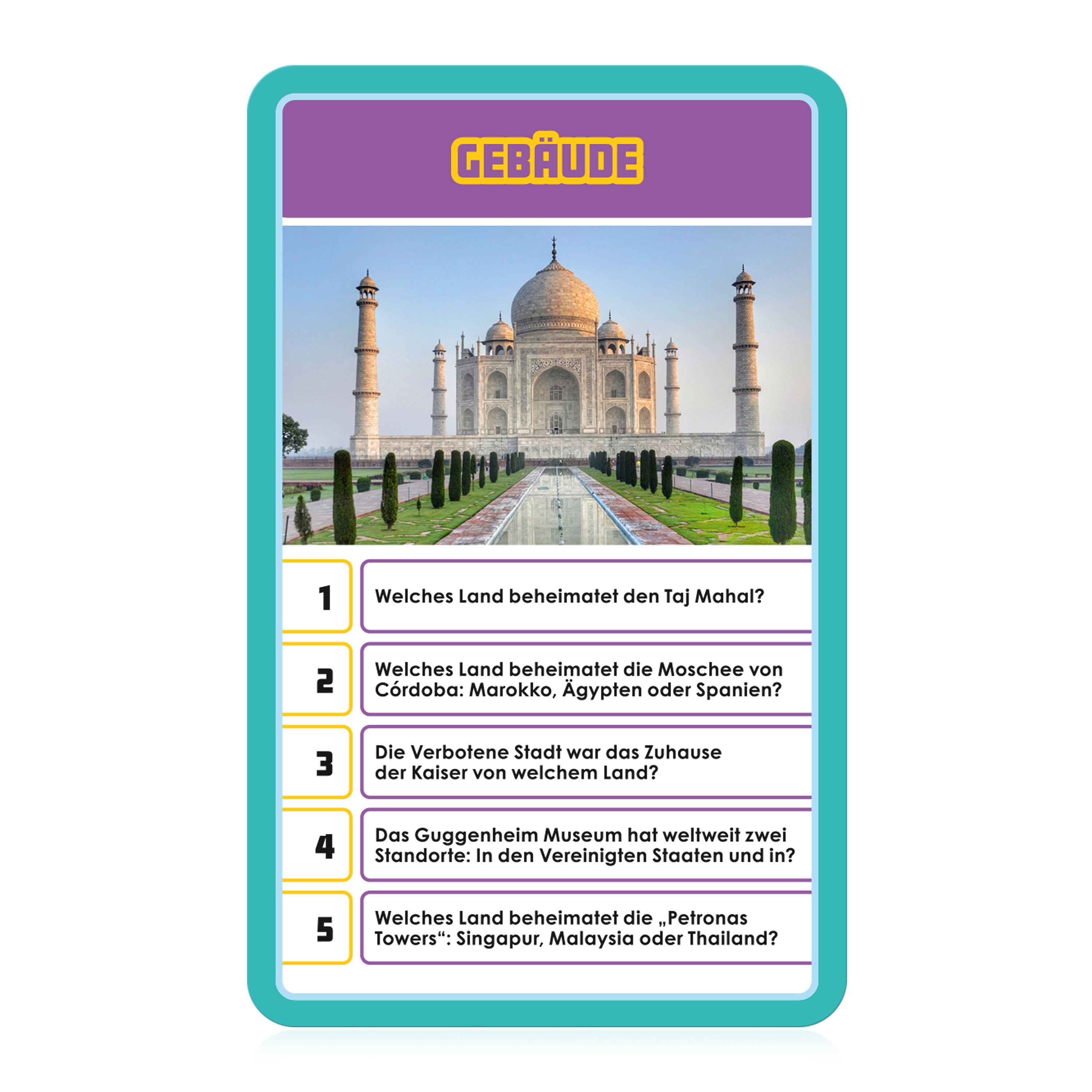 Eine Quizkarte mit einem Foto des Taj Mahal und Fragen zu Gebäuden in verschiedenen Ländern.