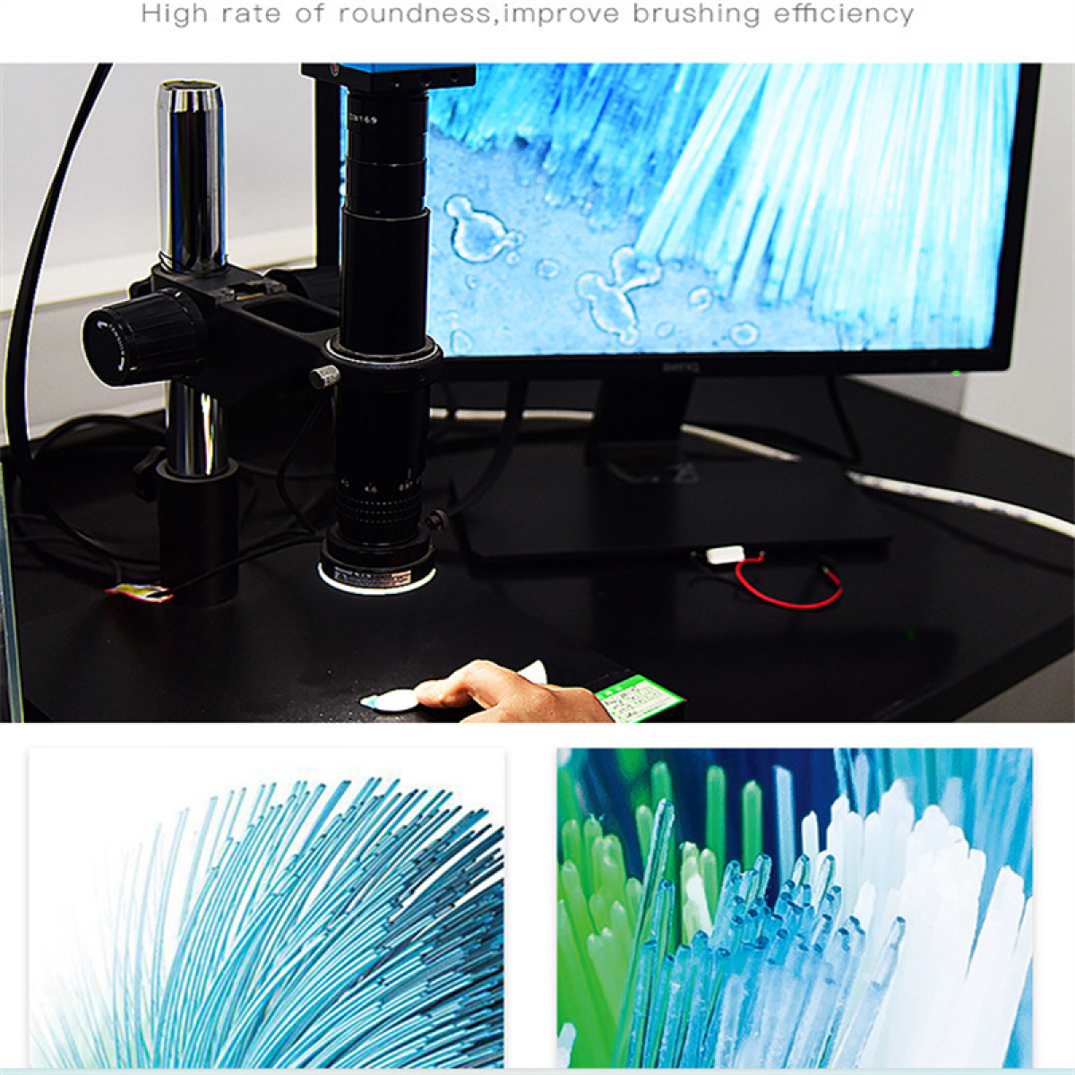 Obraz mikroskopu z ekranem wyświetlającym zbliżenie włosia szczoteczki do zębów i inne powiązane obrazy.