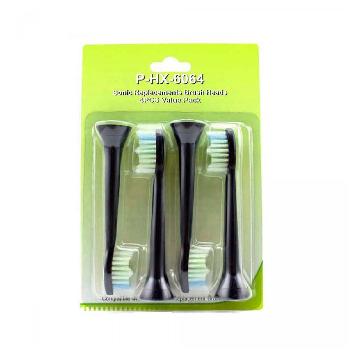 Cztery czarne końcówki szczoteczki do zębów w zielonym opakowaniu.