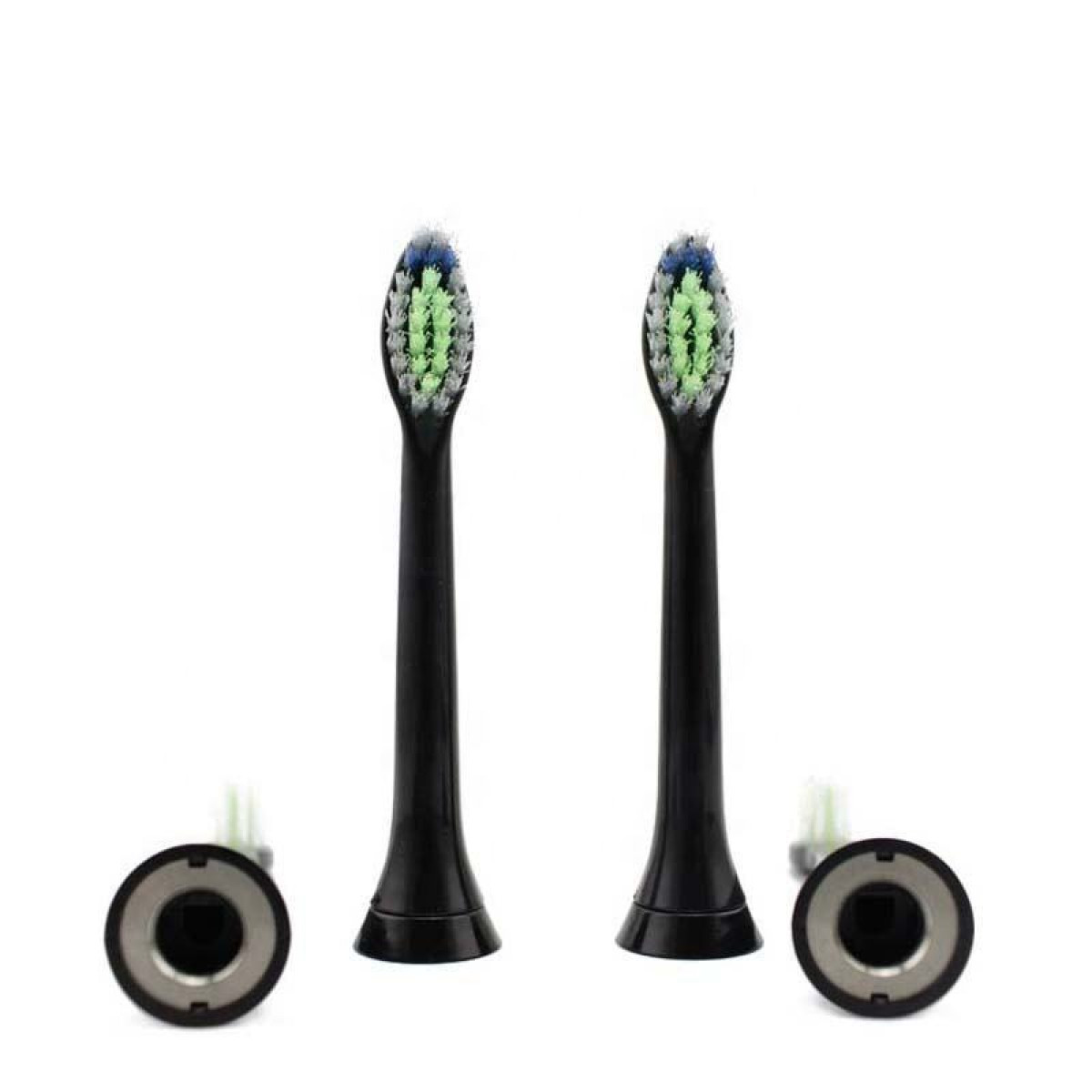 Dwie czarne głowice szczoteczki do zębów z zielonym i niebieskim włosiem. Białe tło.