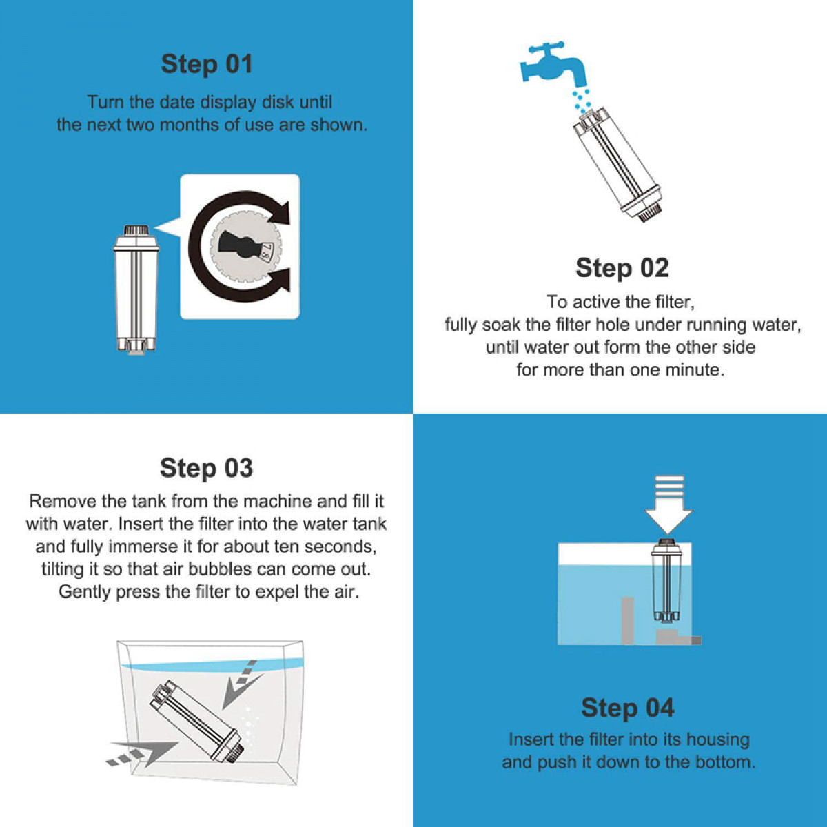 Cztery kroki użycia filtra. Każdy krok pokazuje inną czynność z filtrem i otoczeniem.
