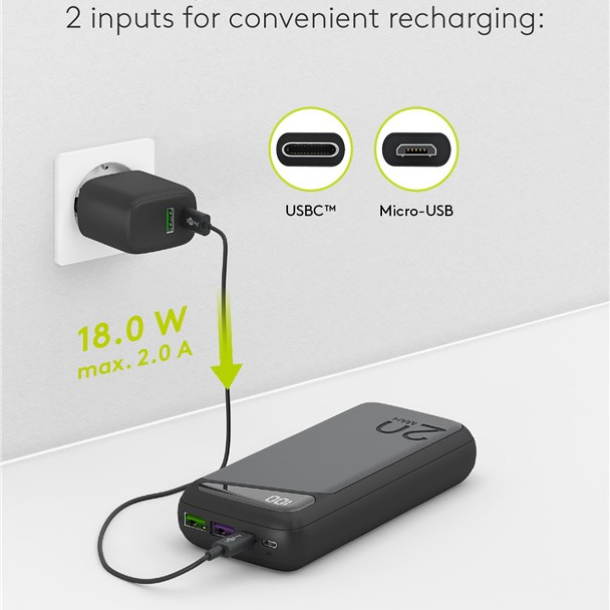 Zwarte oplader en powerbank met USB-C- en Micro-USB-poorten. Tekst: 18,0W max. 2,0A.