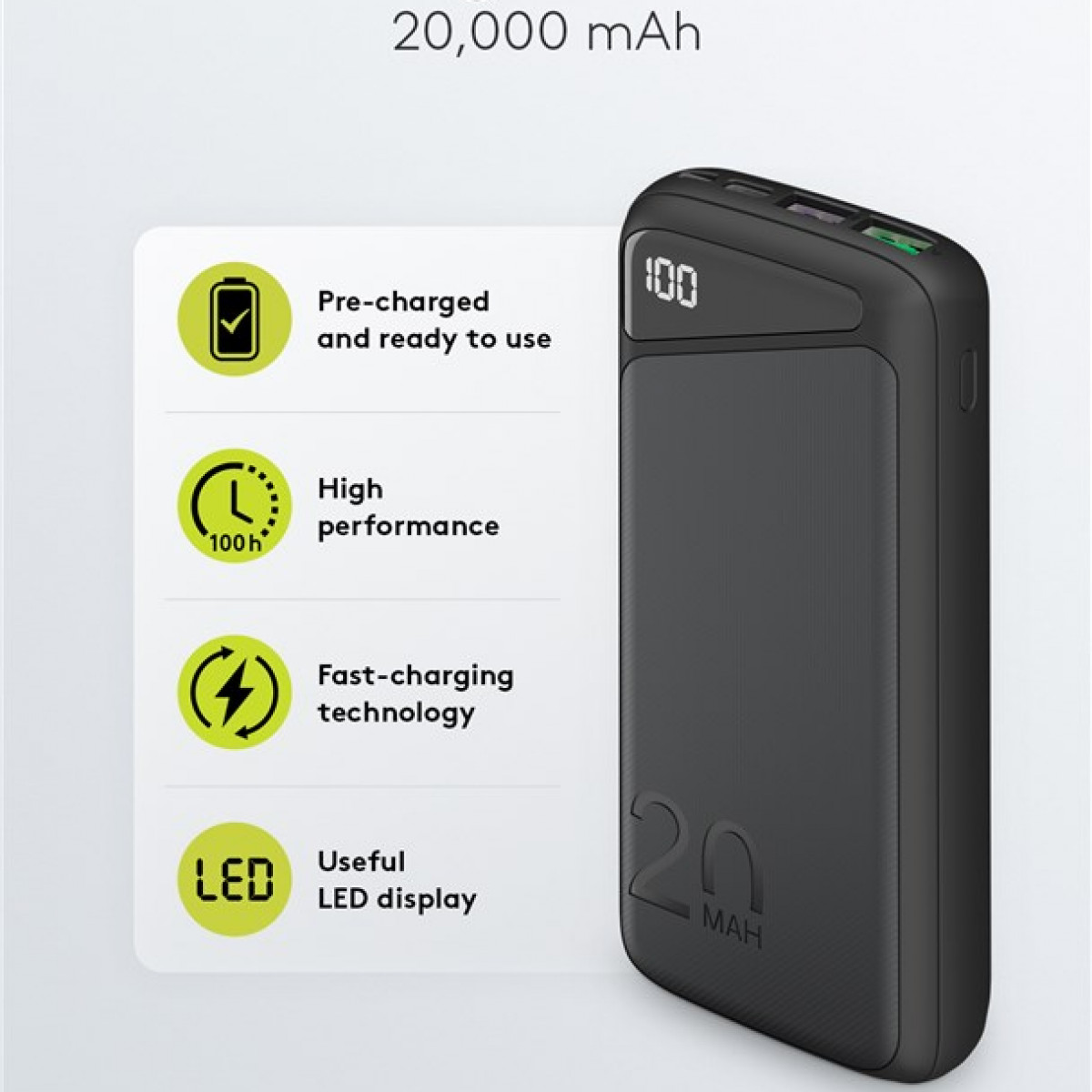 Zwarte powerbank met LED-display met 100, met pictogrammen voor voorladen, hoge prestaties en snel opladen.