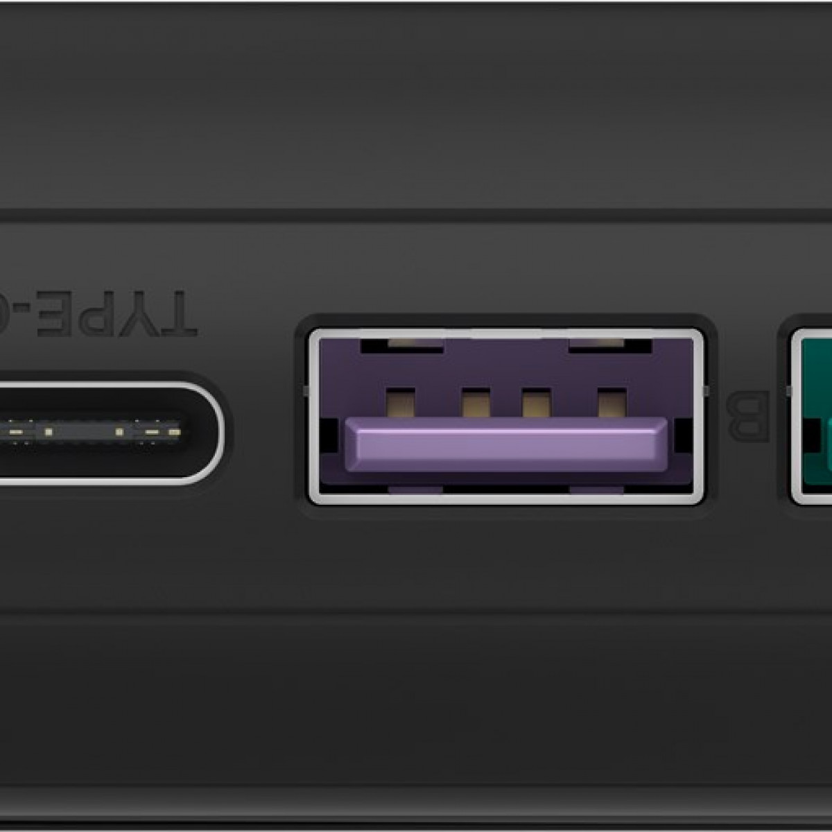 Close-up van zwarte USB-poorten met type-C en USB-B poorten.