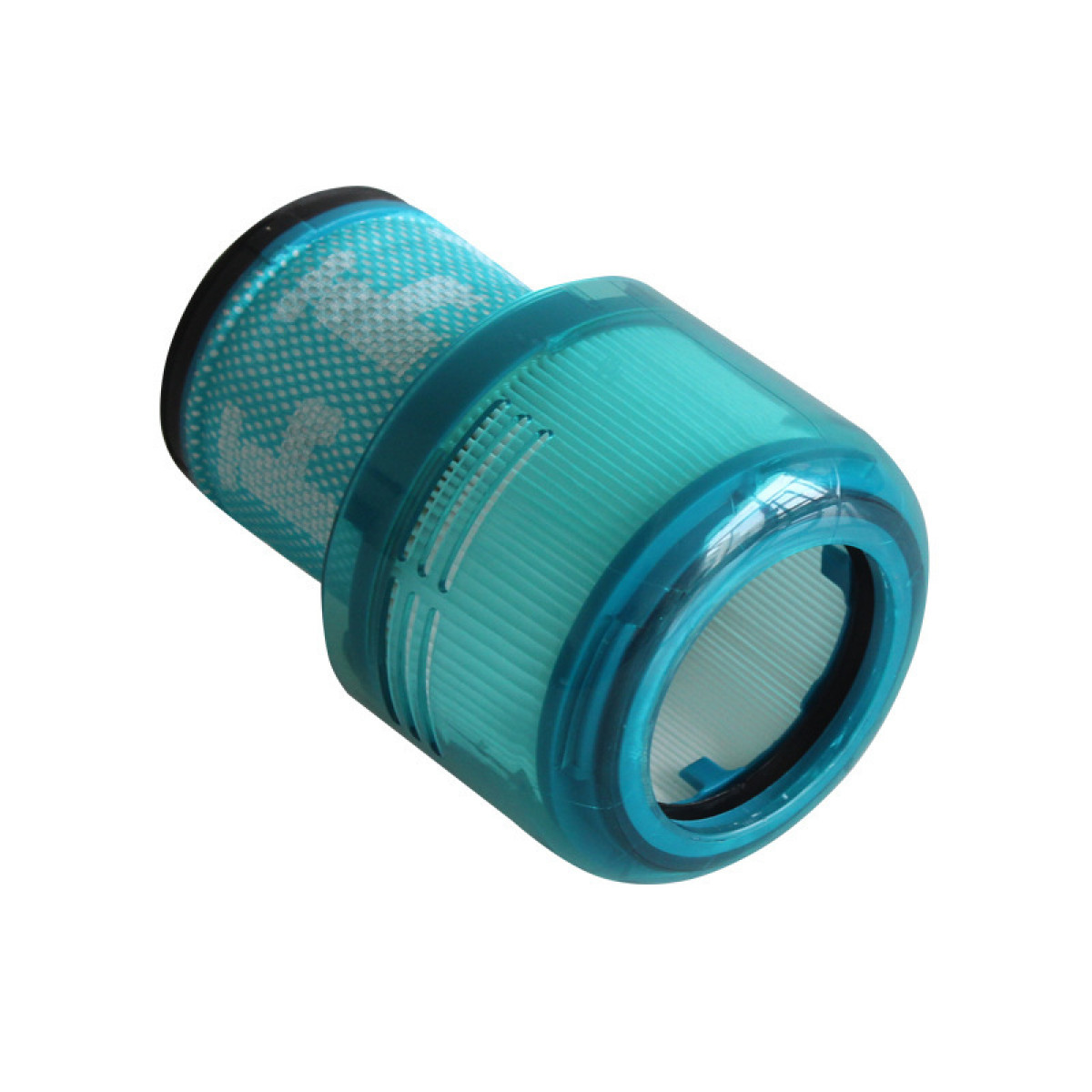 Blau-türkis-Filter. Der Filter befindet sich in einem transparenten Gehäuse. Weißer Hintergrund. Der Filter hat ein Mesh.