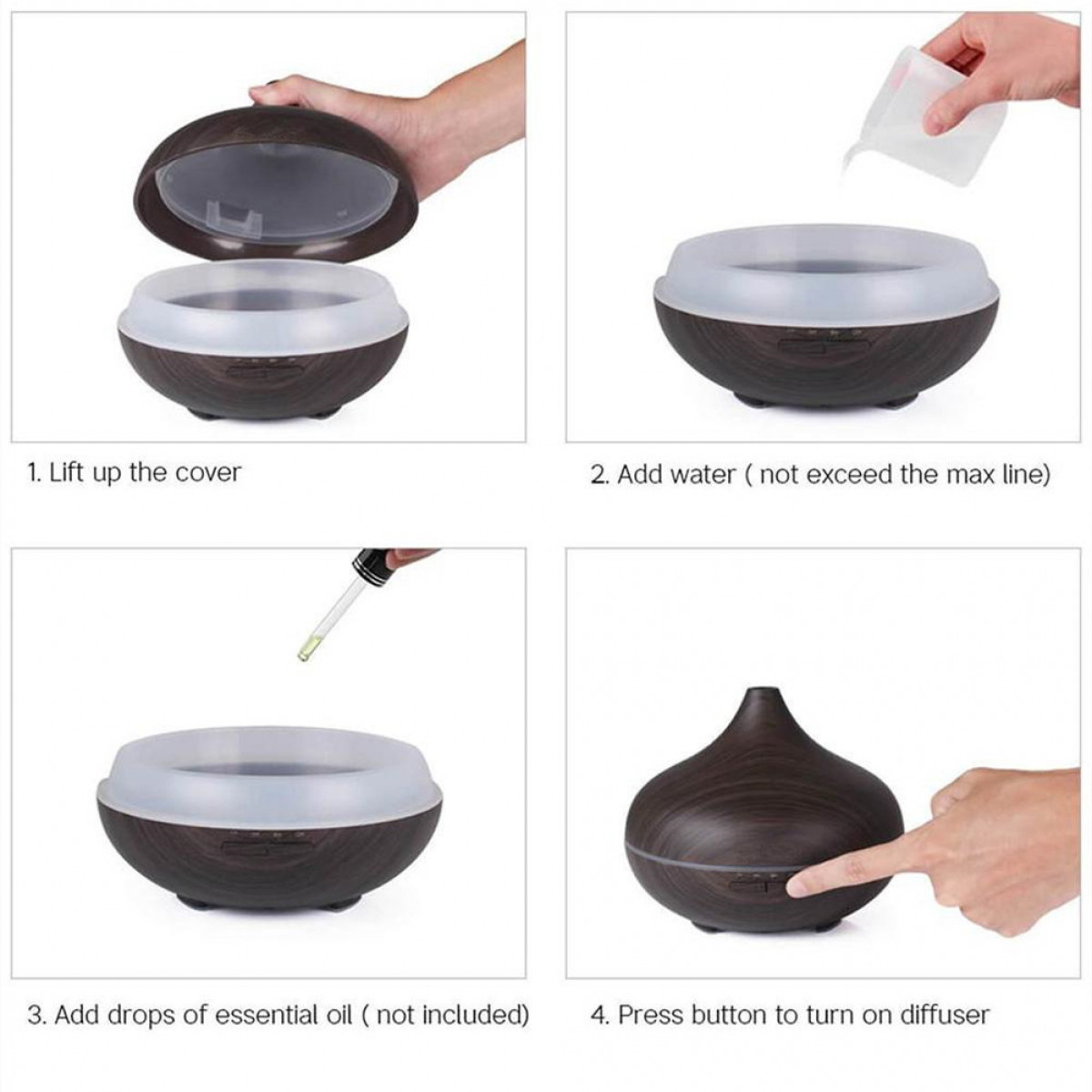 Instrukcja do dyfuzora: podnieś pokrywę, dodaj wodę i olejek, naciśnij przycisk.