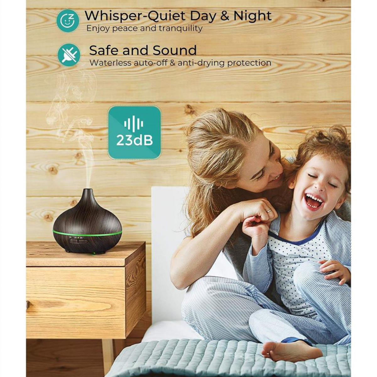 Kobieta i dziecko z dyfuzorem. Tekst wspomina cichą pracę i bezpieczeństwo.