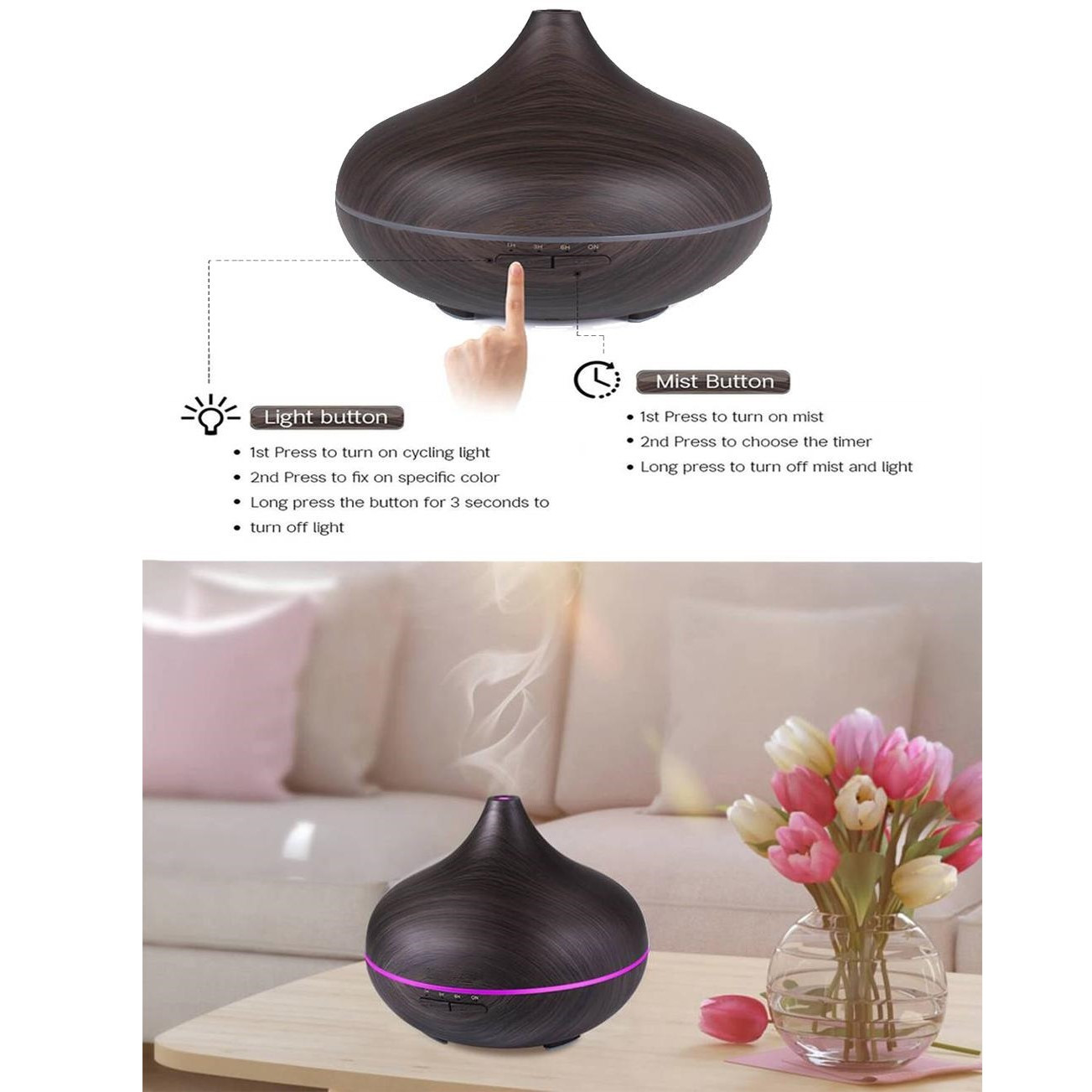 Ciemnobrązowy dyfuzor z instrukcjami i bukietem kwiatów. Tło to stół.