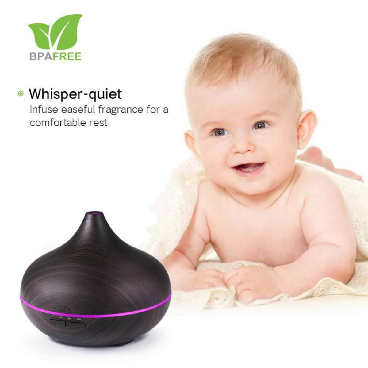 Dziecko uśmiecha się obok dyfuzora. Tekst brzmi: bez BPA.