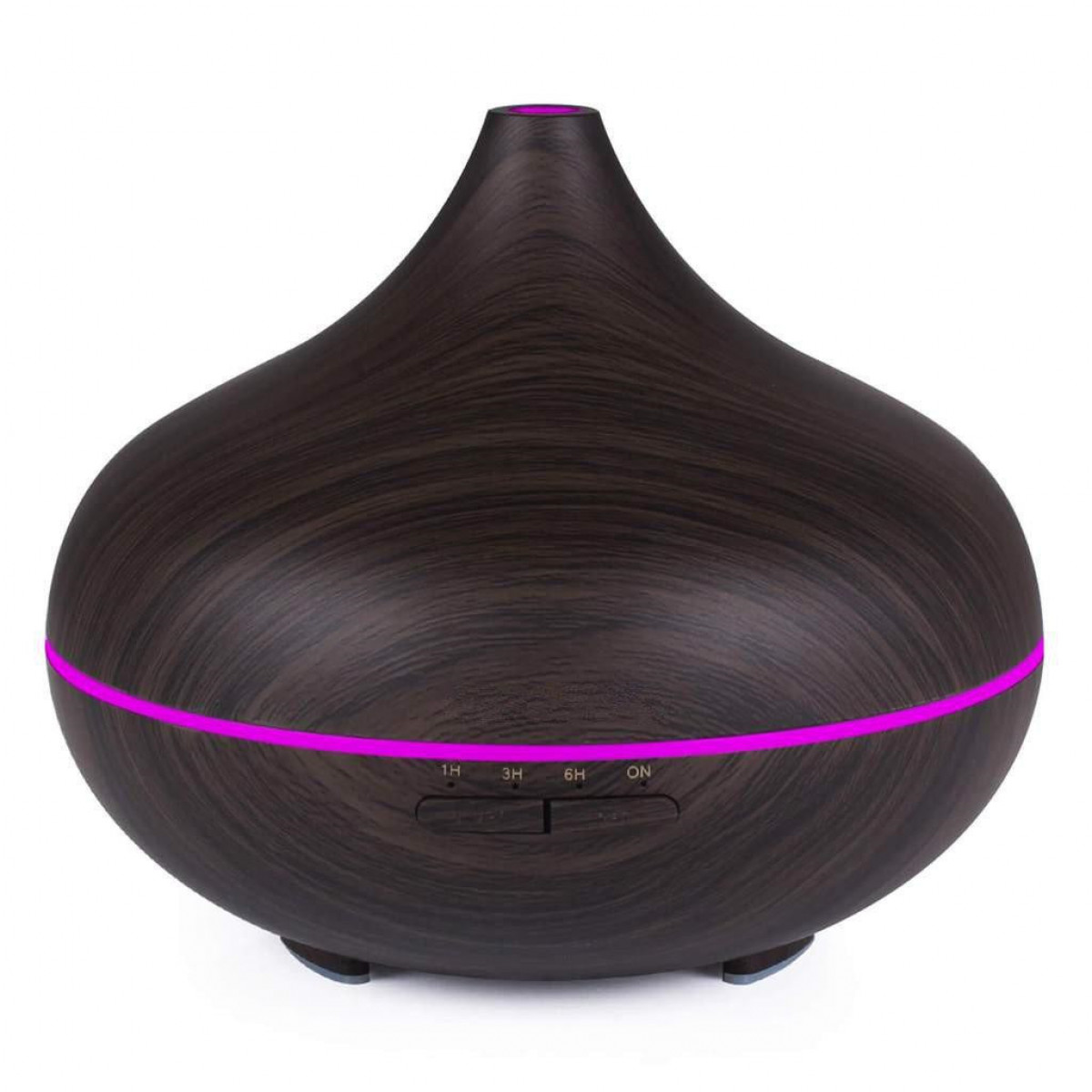 Brązowy dyfuzor olejków eterycznych z fakturą drewna, różowym paskiem świetlnym i przyciskami.