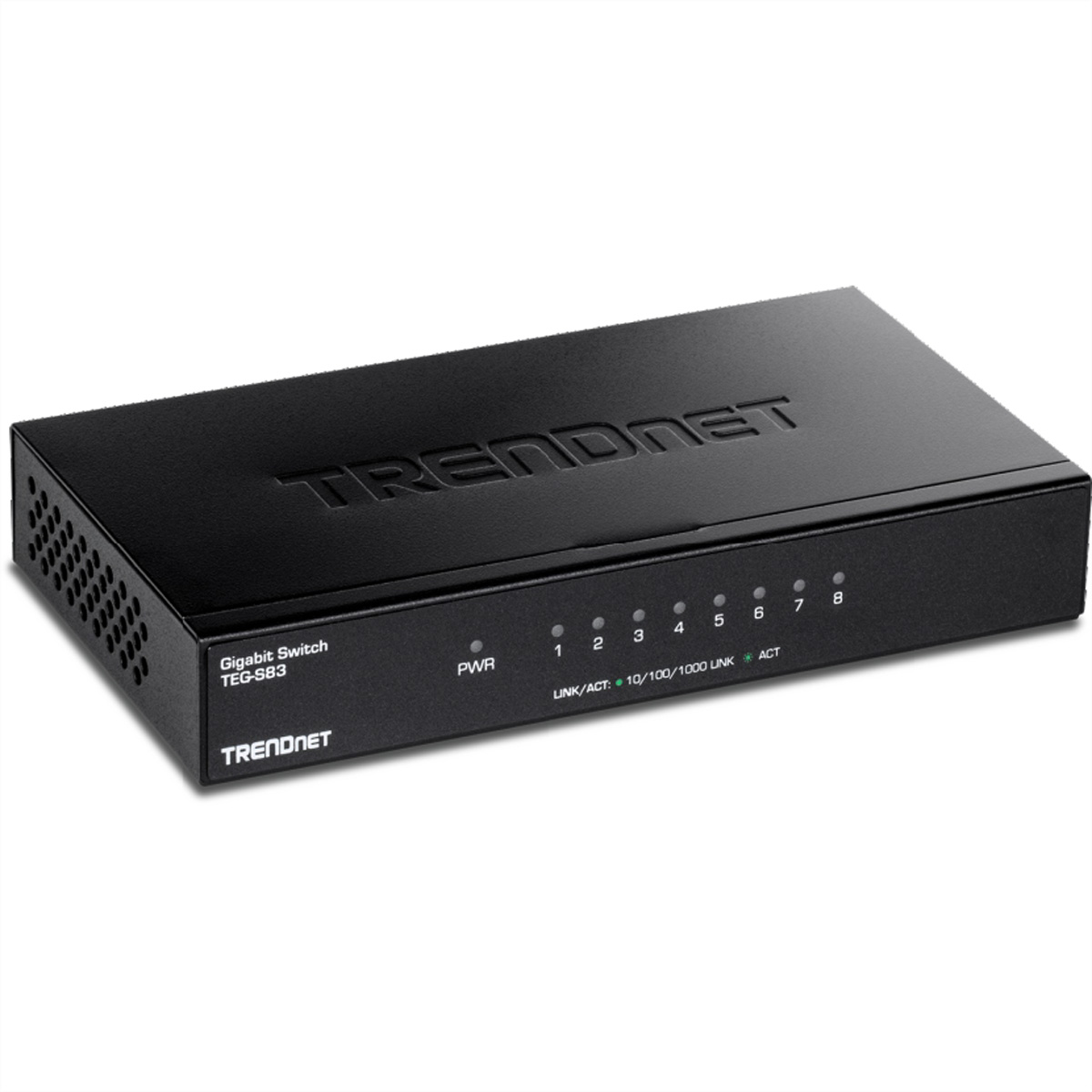 Ein schwarzer TRENDnet Gigabit-Switch mit acht Anschlüssen.