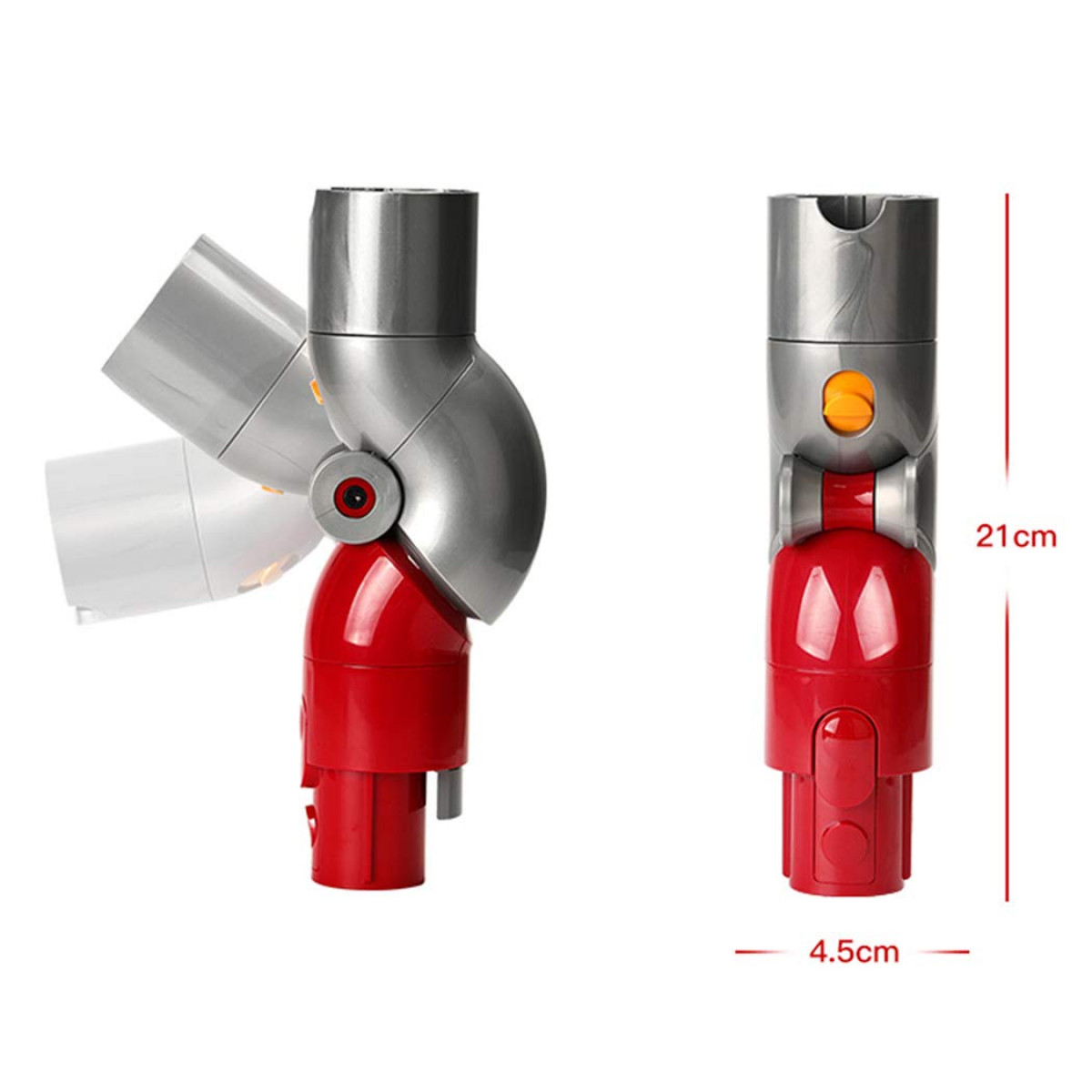 Accessorio per aspirapolvere grigio e rosso con dimensioni indicate.