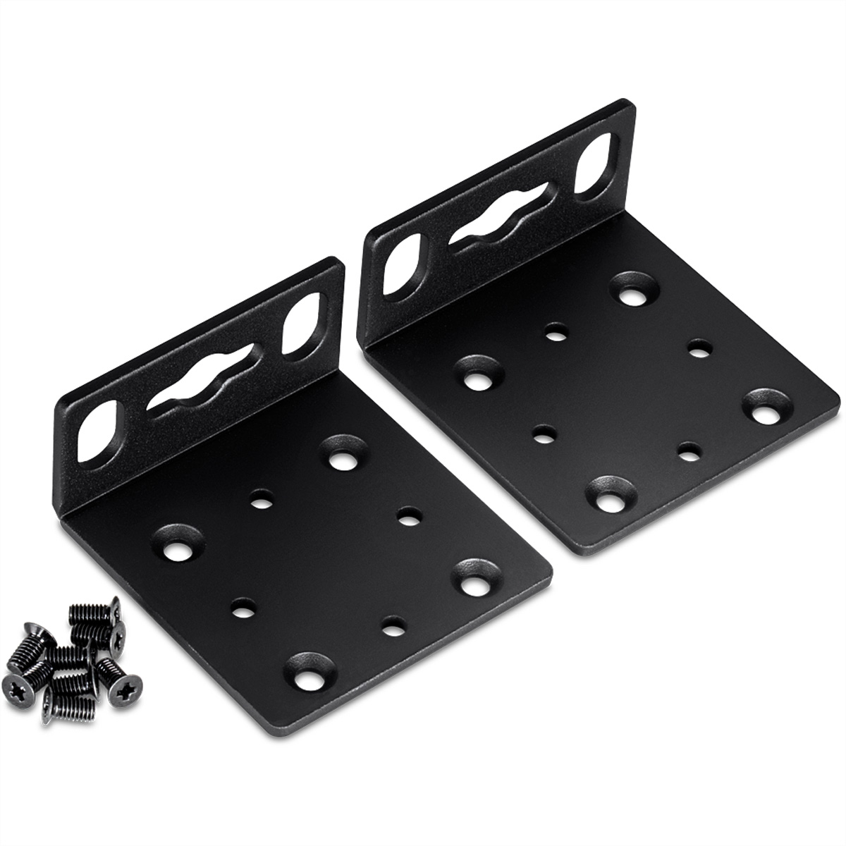 Deux supports métalliques noirs avec plusieurs trous et un jeu de vis sur une surface blanche.