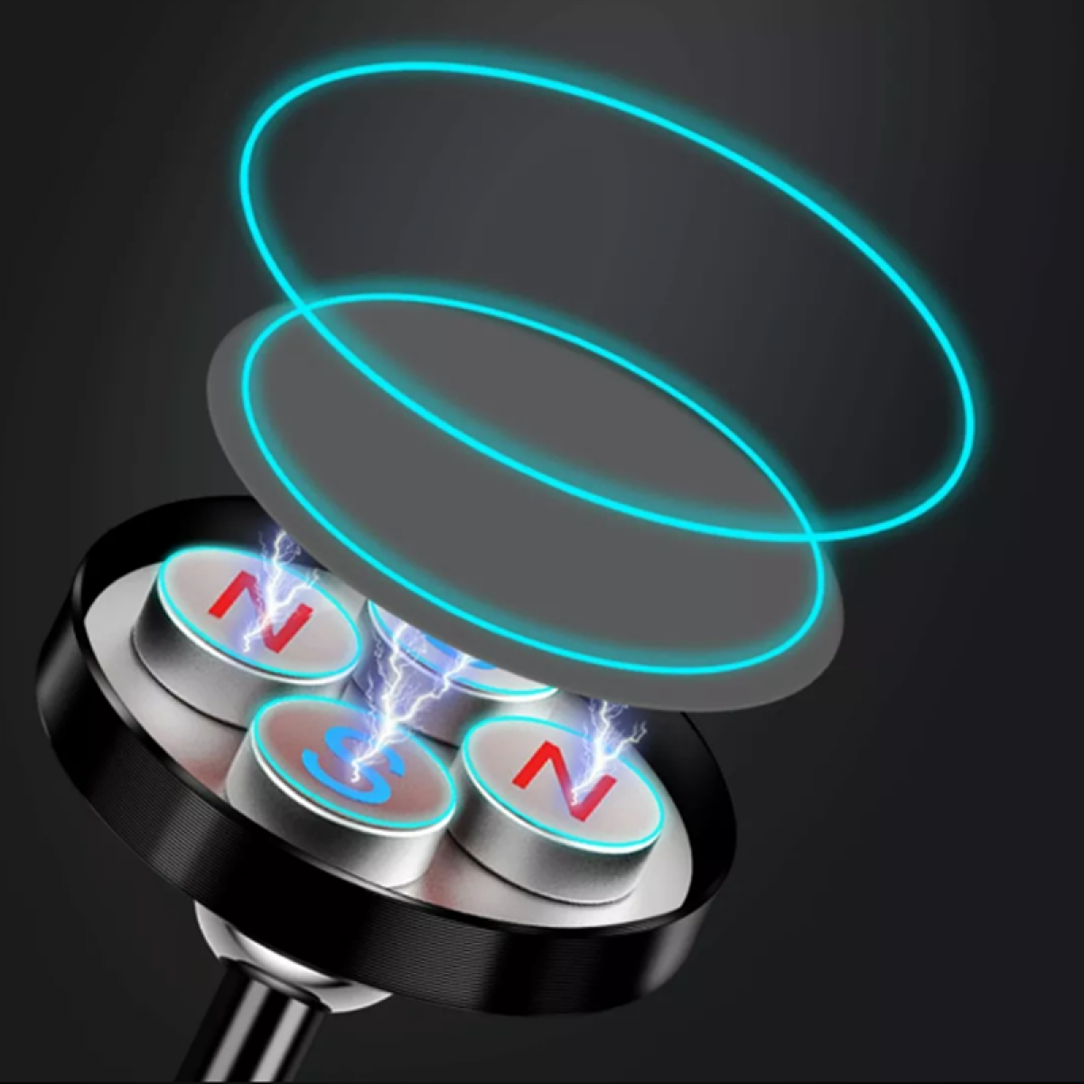 Zbliżenie uchwytu do telefonu z magnesami. Niebieskie neonowe okręgi i błyski otaczają cztery magnesy.