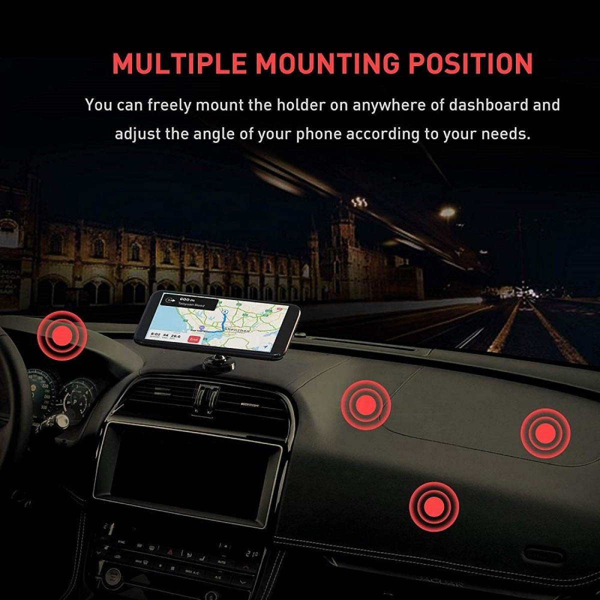 Czarny panel samochodu z uchwytem na telefon trzymającym telefon z mapą i czerwonymi okręgami.