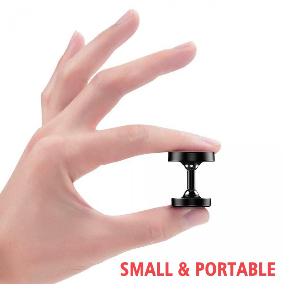 Czarny magnetyczny uchwyt na telefon trzymany w dłoni; mały i przenośny.