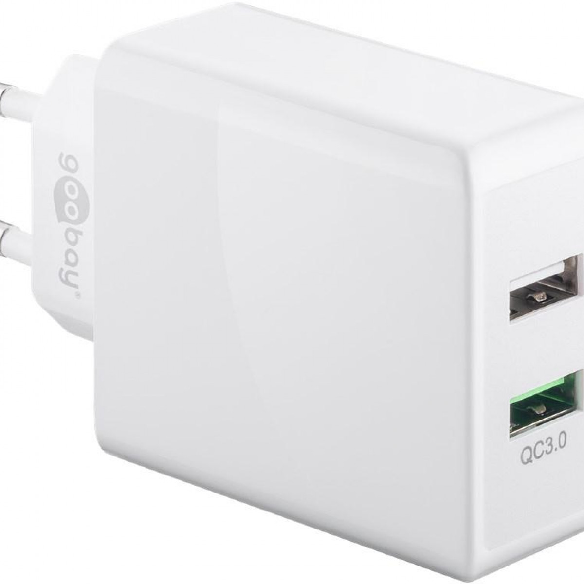 Ein weißes QC3.0-Ladegerät mit zwei USB-Anschlüssen. Es hat ein Goobay-Logo und eine QC3.0-Markierung.