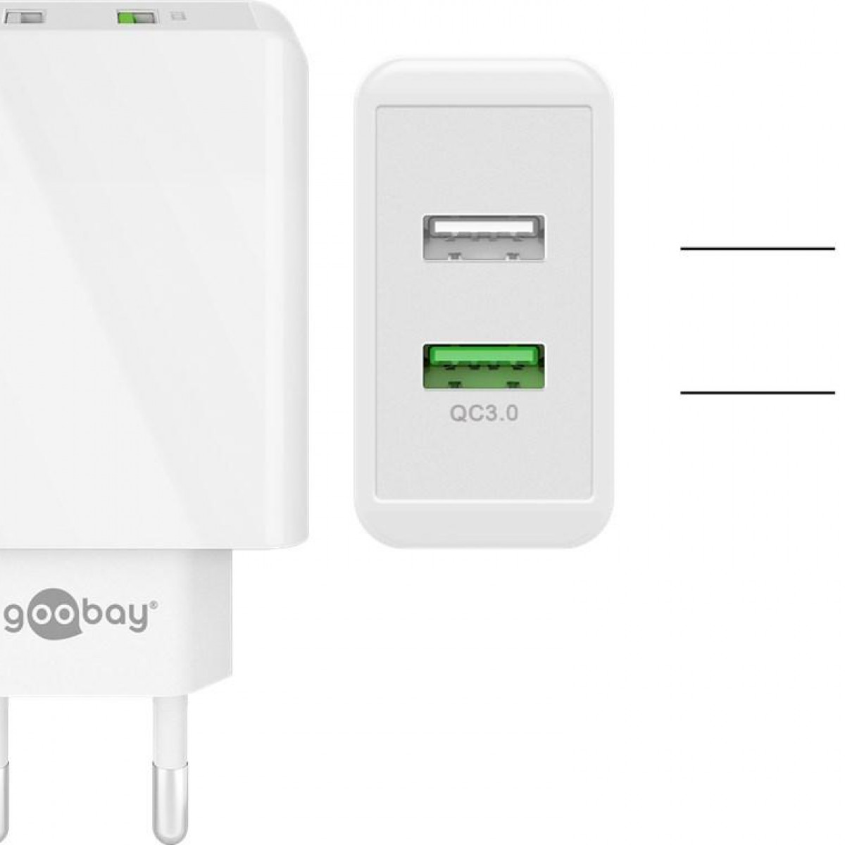 Ein weißes Ladegerät mit zwei USB-Anschlüssen und der Aufschrift 'QC3.0'. Das Logo 'goobay' ist sichtbar.