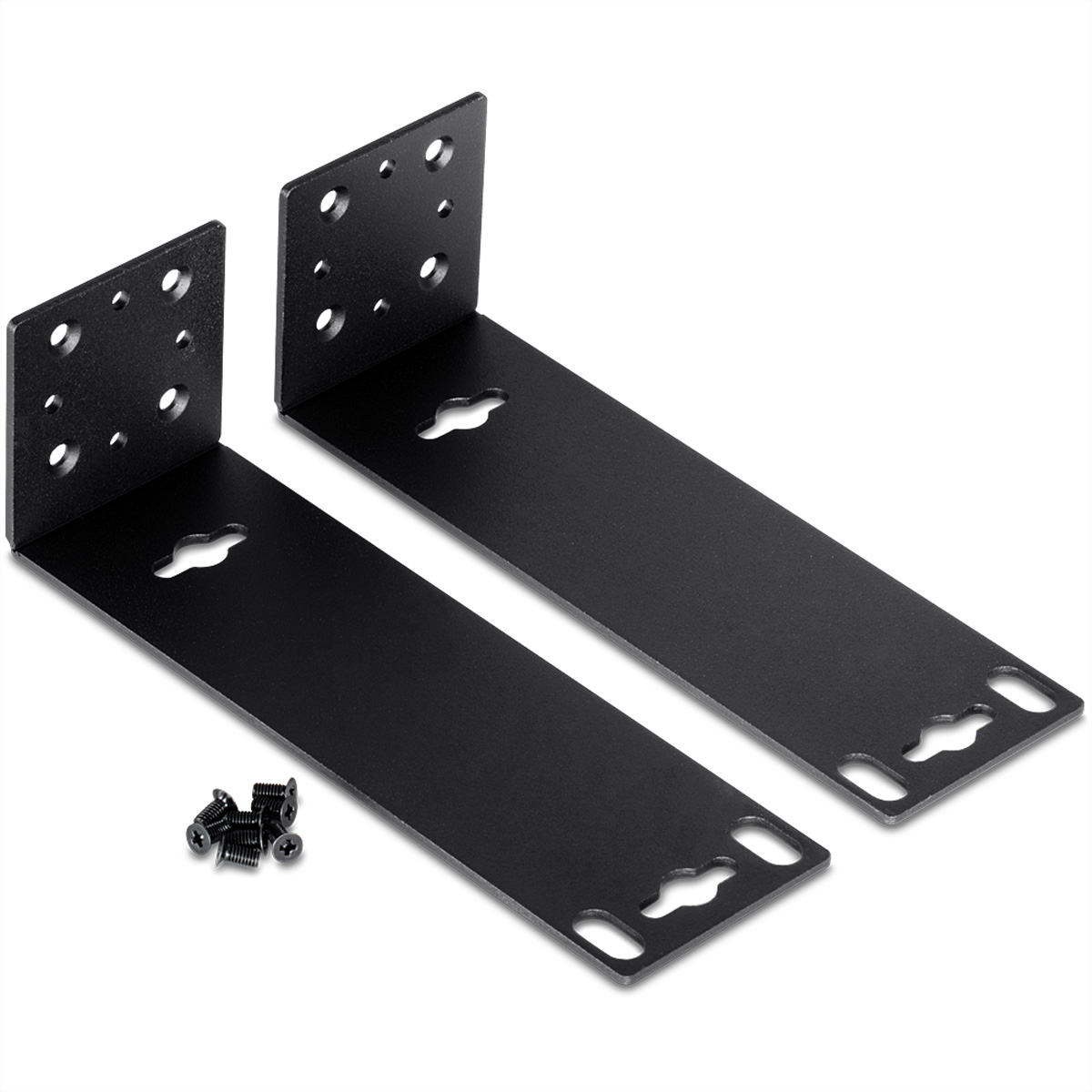 Zwarte metalen beugels met schroefsets, voor rackmontage. De beugels zijn L-vormig.
