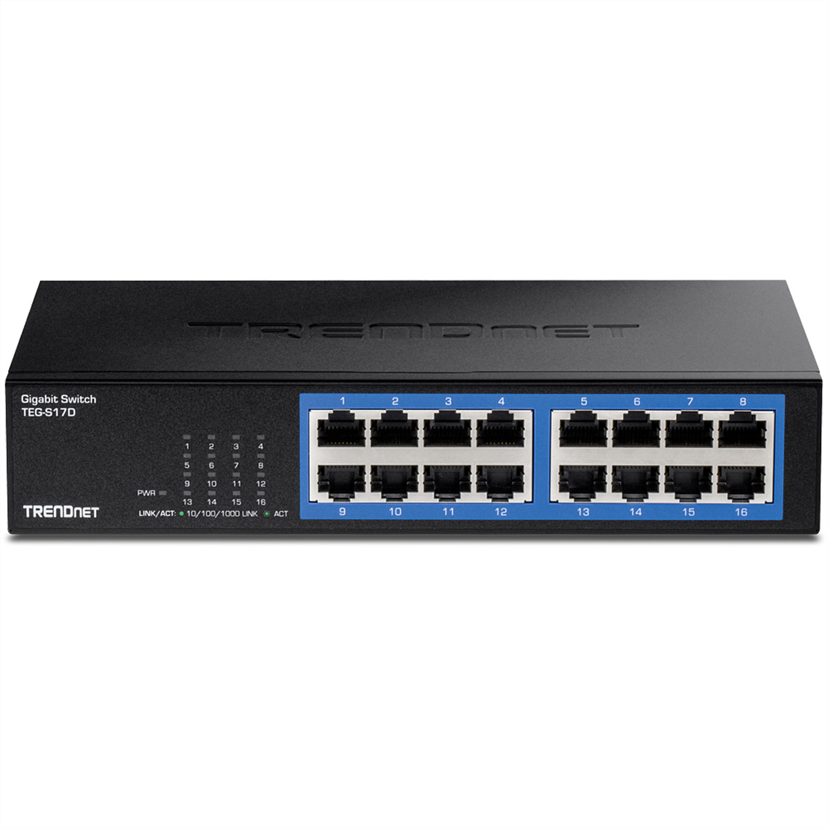Een zwarte TRENDnet netwerkswitch met 16 poorten op een witte achtergrond, gelabeld voor gigabit-gebruik.
