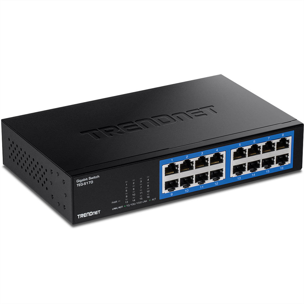 Een zwarte TRENDnet Gigabit Switch TEG-S170 wordt weergegeven. Het apparaat heeft 16 poorten en LED-indicatoren.