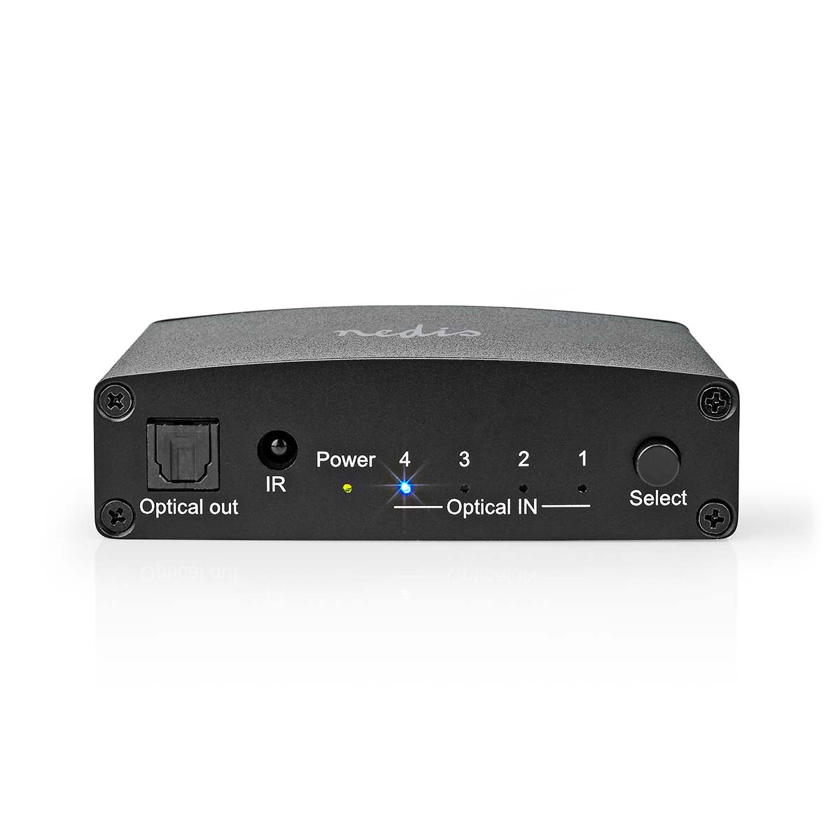 Schwarzes Audiogerät mit mehreren optischen IN-Anschlüssen, einer Power-Leuchte und einer Auswahltaste.
