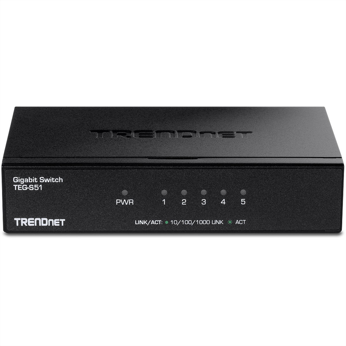 Schwarzer TRENDnet Gigabit Switch TEG-S51 mit fünf Ports und LED-Anzeigen, weißer Hintergrund.
