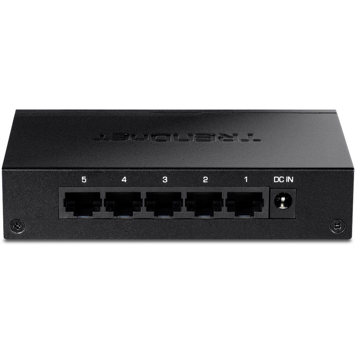 Schwarzer Netzwerk-Switch mit 5 Anschlüssen und einem DC IN-Anschluss. Weißer Hintergrund.