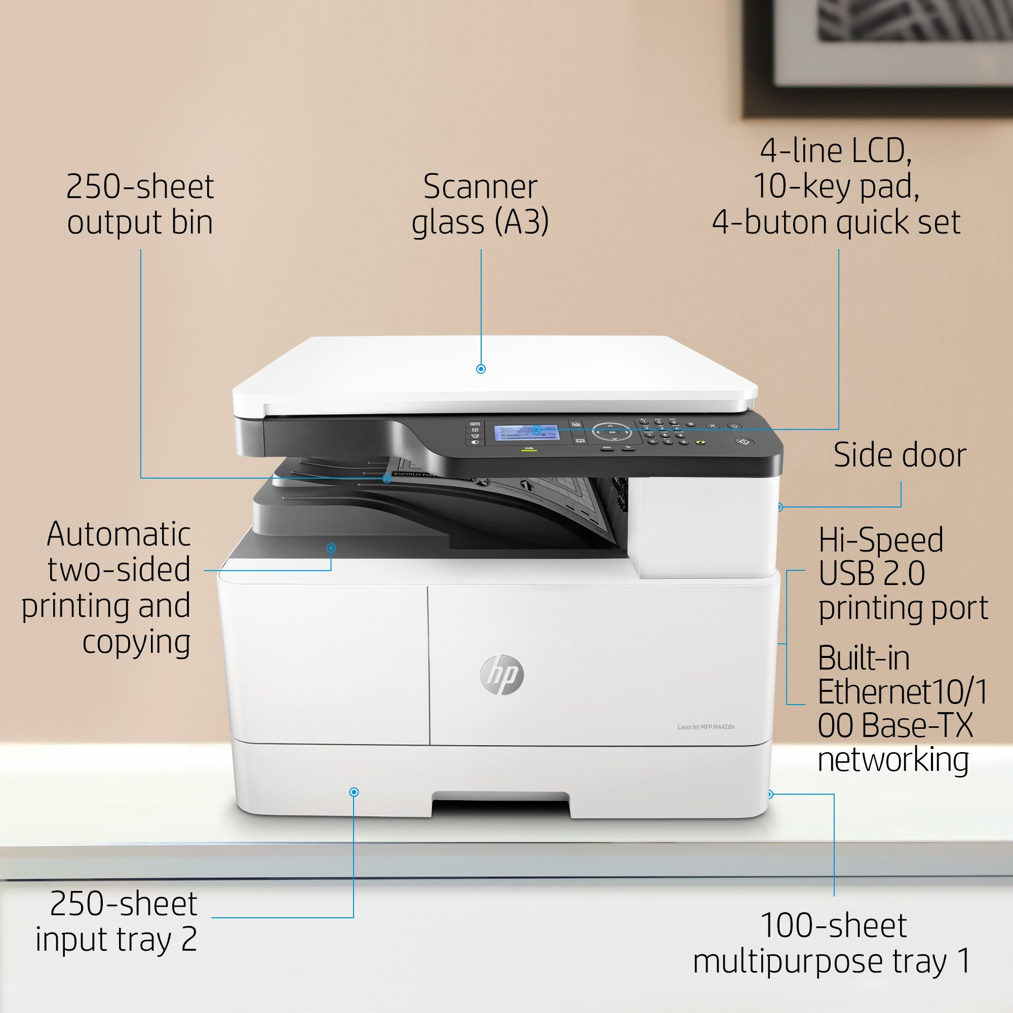 Czarno-biała drukarka z etykietami i adnotacjami, w tym pojemnik wyjściowy, skaner i podajnik.