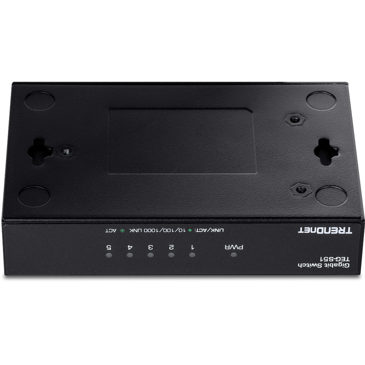 Schwarzer Gigabit-Switch mit 5 Ports, beschriftet PWR, LINK/ACT, TRENDNET-Logo sichtbar.