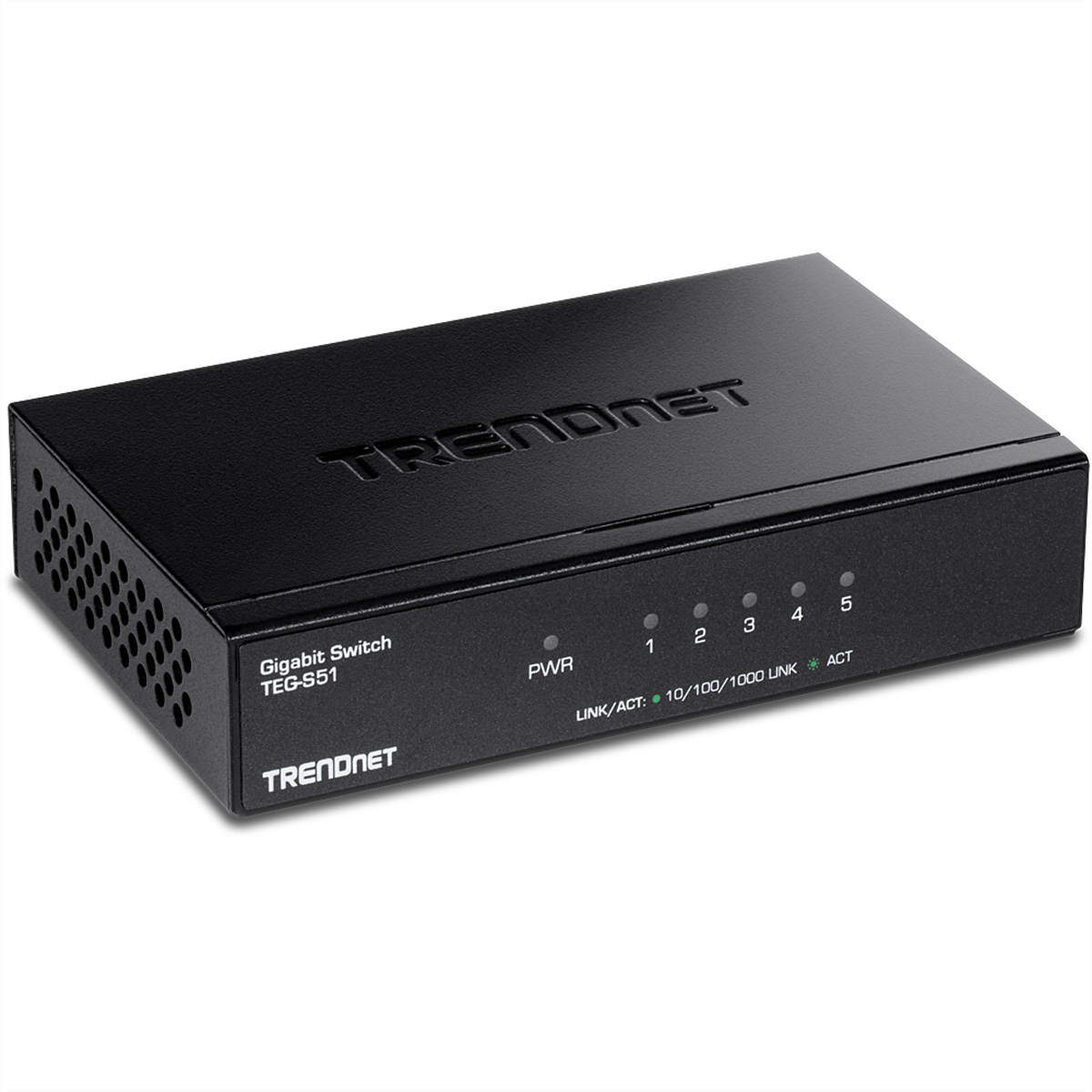 Schwarzer TRENDnet Gigabit-Switch TEG-S51. Zeigt die Vorderseite mit Lichtern und Text.